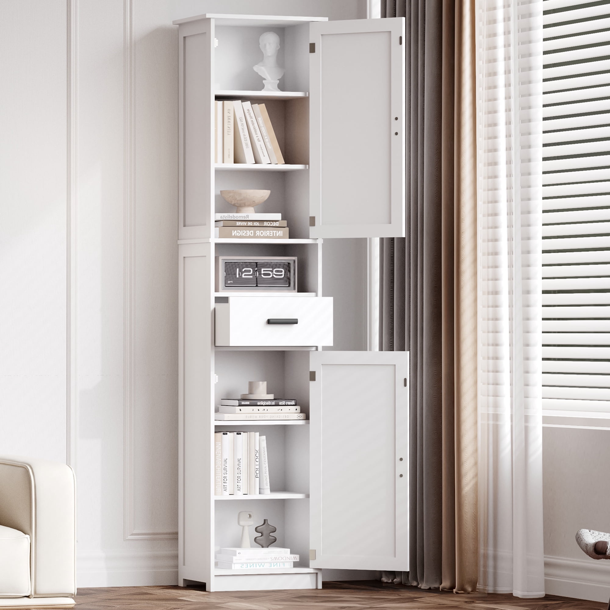 Leumius 69" H Tall Bathroom Storage Cabinet with Adjustable Shelve & 1 Drawer, Narrow Floor Storage Cabinet for Bathroom, Living Room, Entryway, Kitchen, White