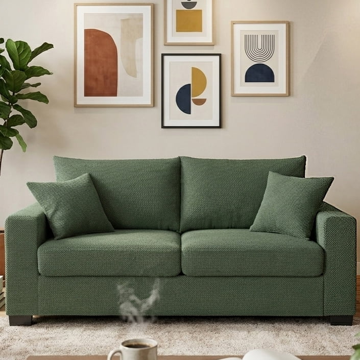 Leumius 69" Sofa for Living Room,Modern 2 Seater Couch for Small Space,Upholstered Loveseat with 2 Throw Pillows,Dark Green
