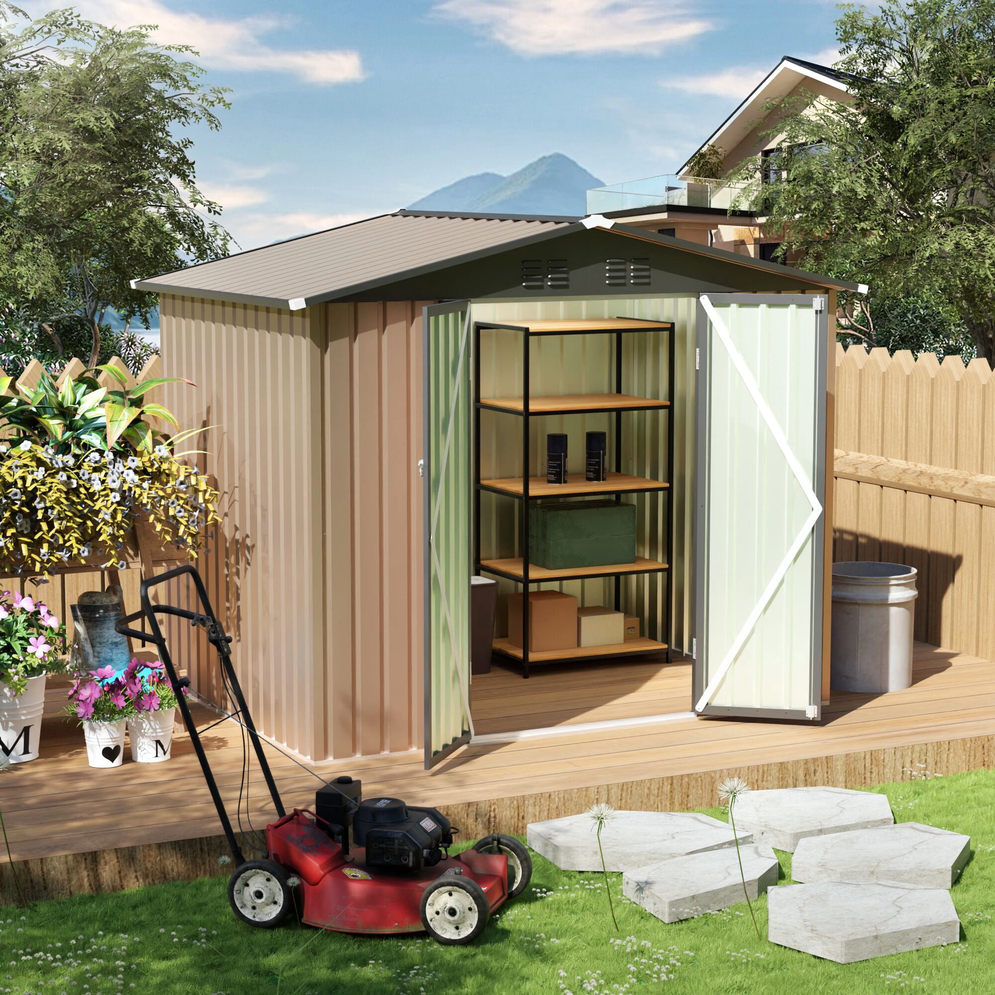 Leumius 6x8 FT Outdoor Storage Shed with Apex Roof Bike Storage Tool Cabinet Box Galvanized Steel Metal Sheds Storage House for Lawn Backyard Patio