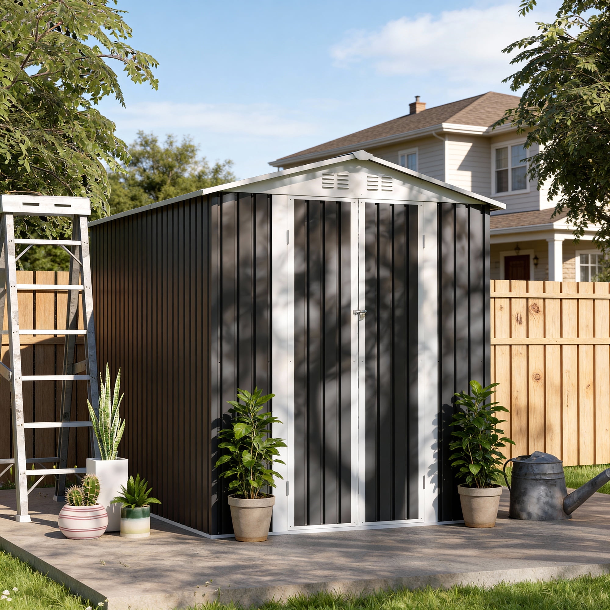 Leumius 6x9 FT Metal Garden Shed with Hinge Door Grey Outdoor Tool House Apex Roof for Backyard, Patio, Lawn