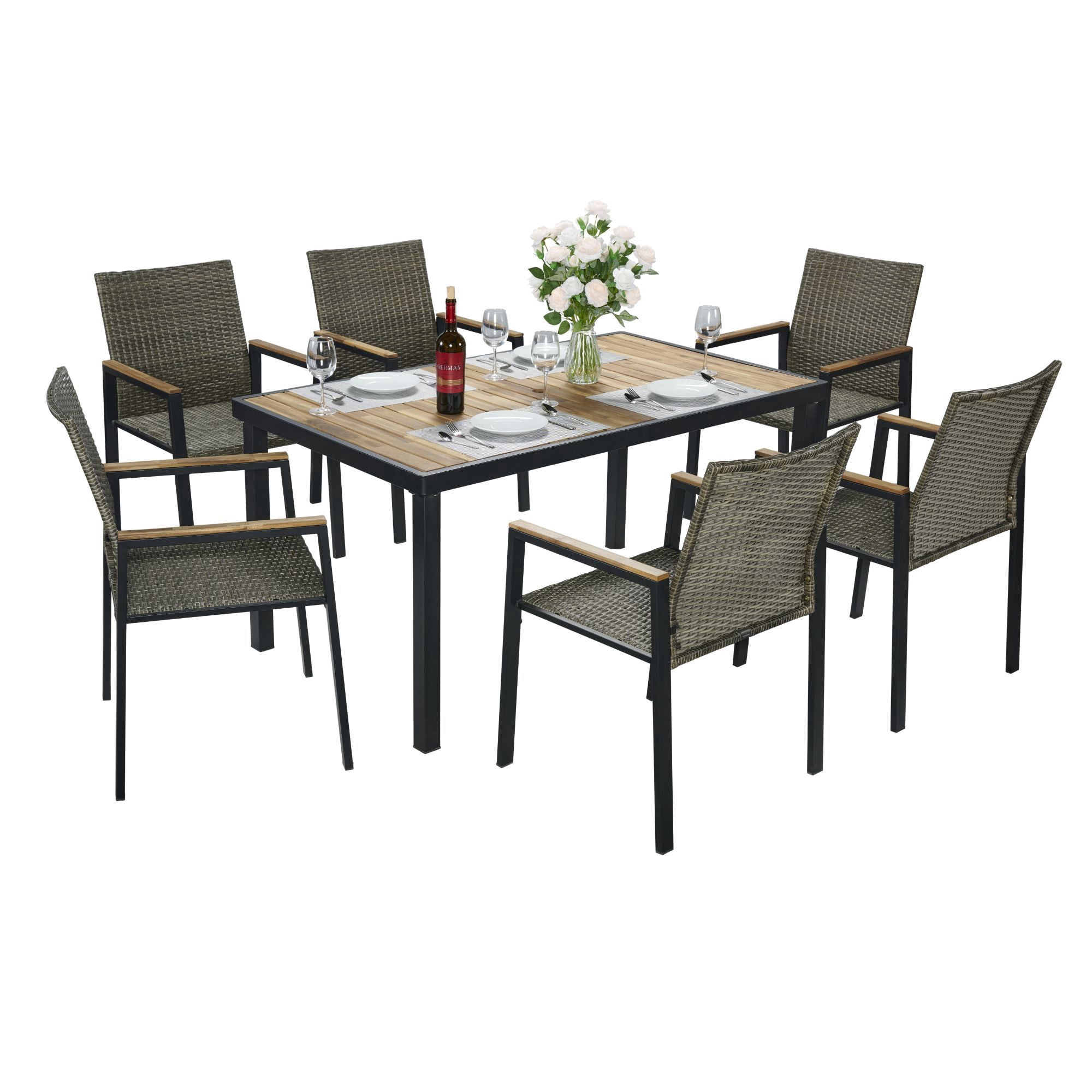 Leumius 7 Piece Patio Dining Set,All Weather Outdoor Dining Table Set with 6 Textilene Chairs,Patio Conversation Set with Acacia Wood Table Top and Umbrella Hole,Brown Gray