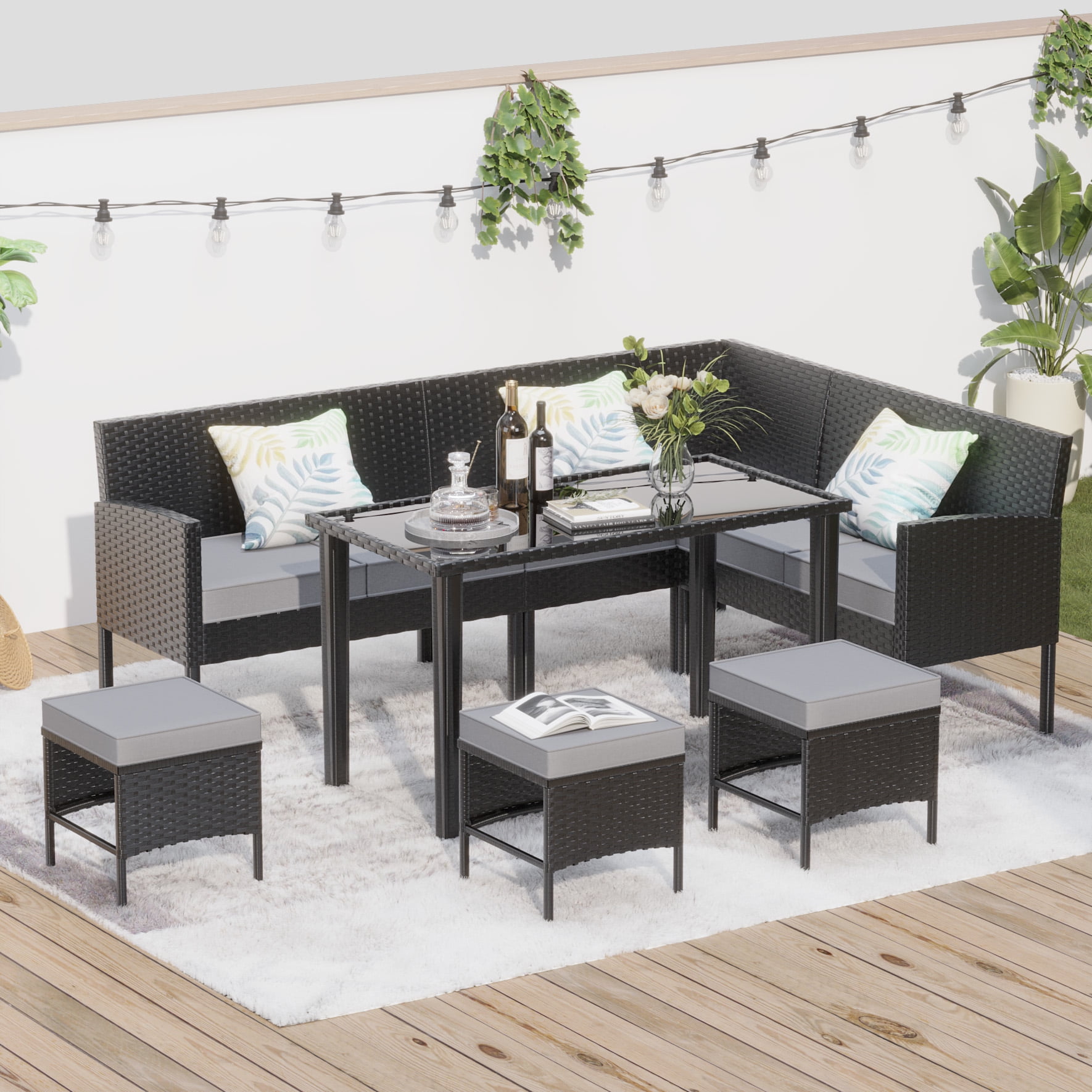 Leumius 7-Piece Patio Furniture Set,Outdoor Sectional Sofa with Tempered Glass Table,All-Weather Rattan Wicker Patio Conversation Set for Backyard,Porch