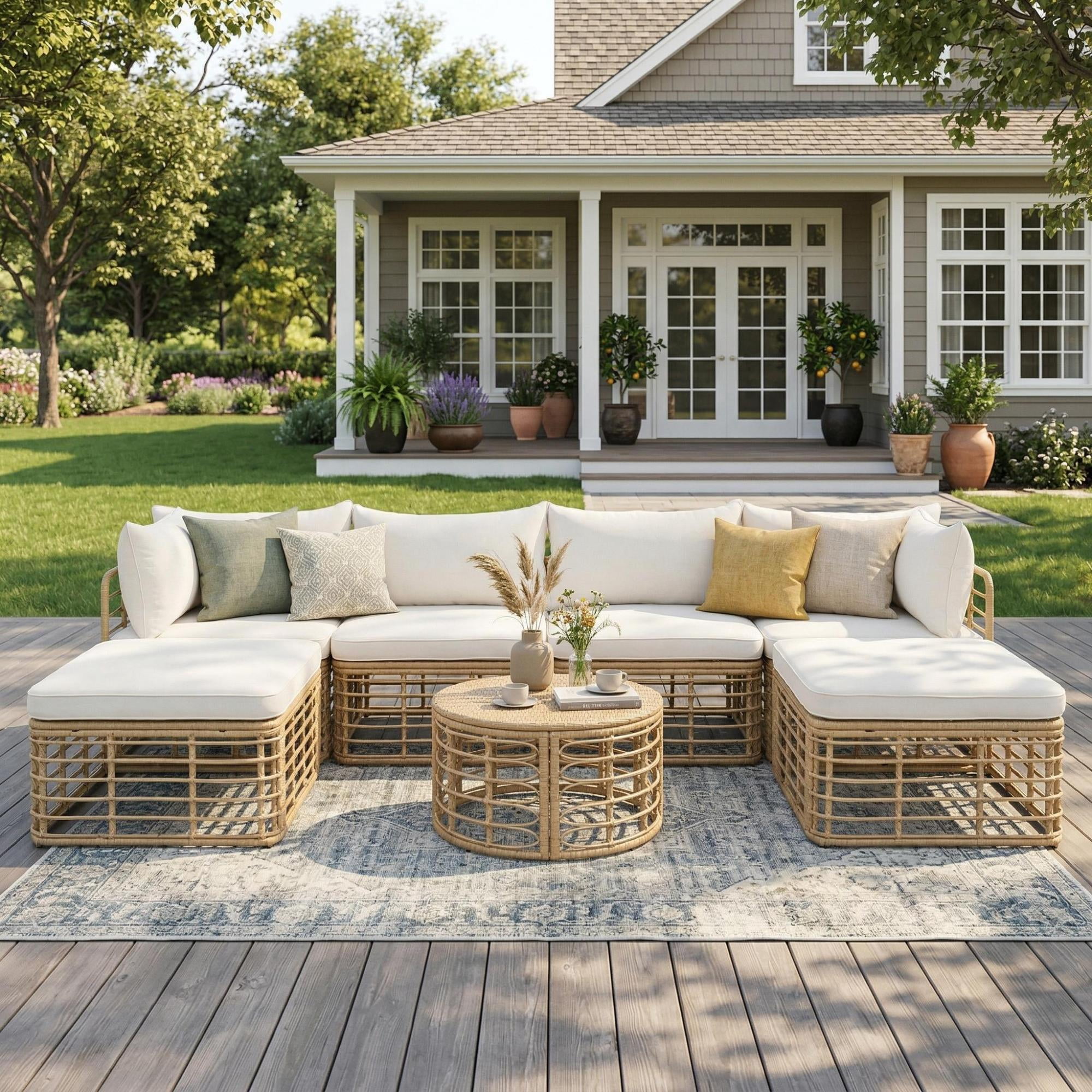 Leumius 7 Pieces Outdoor Patio Furniture Set,All-Weather Rattan Sectional Sofa Set with Thick Cushions and Pillows,Freely Combined Outdoor Conversation Sets for Garden,Backyard,Balcony,Beige
