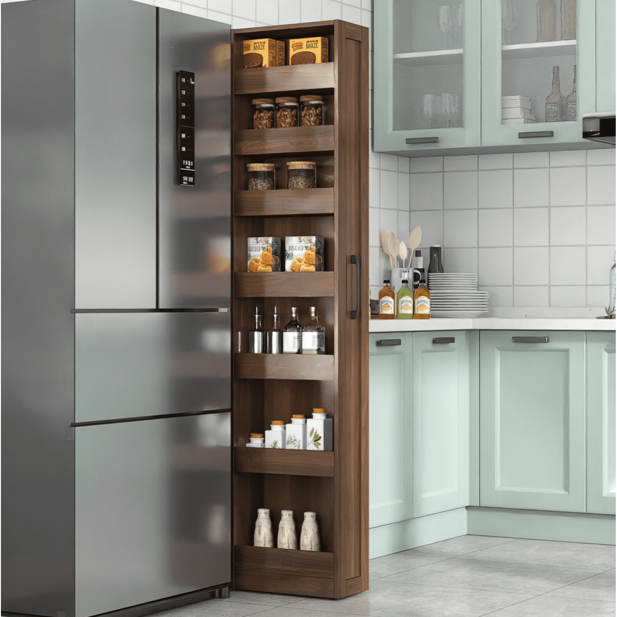 Leumius 7 Tier Multipurpose Pull-out Storage Shelf, Single-sided Open Shelf for Kitchen Living Room and Narrow Spaces Walnut