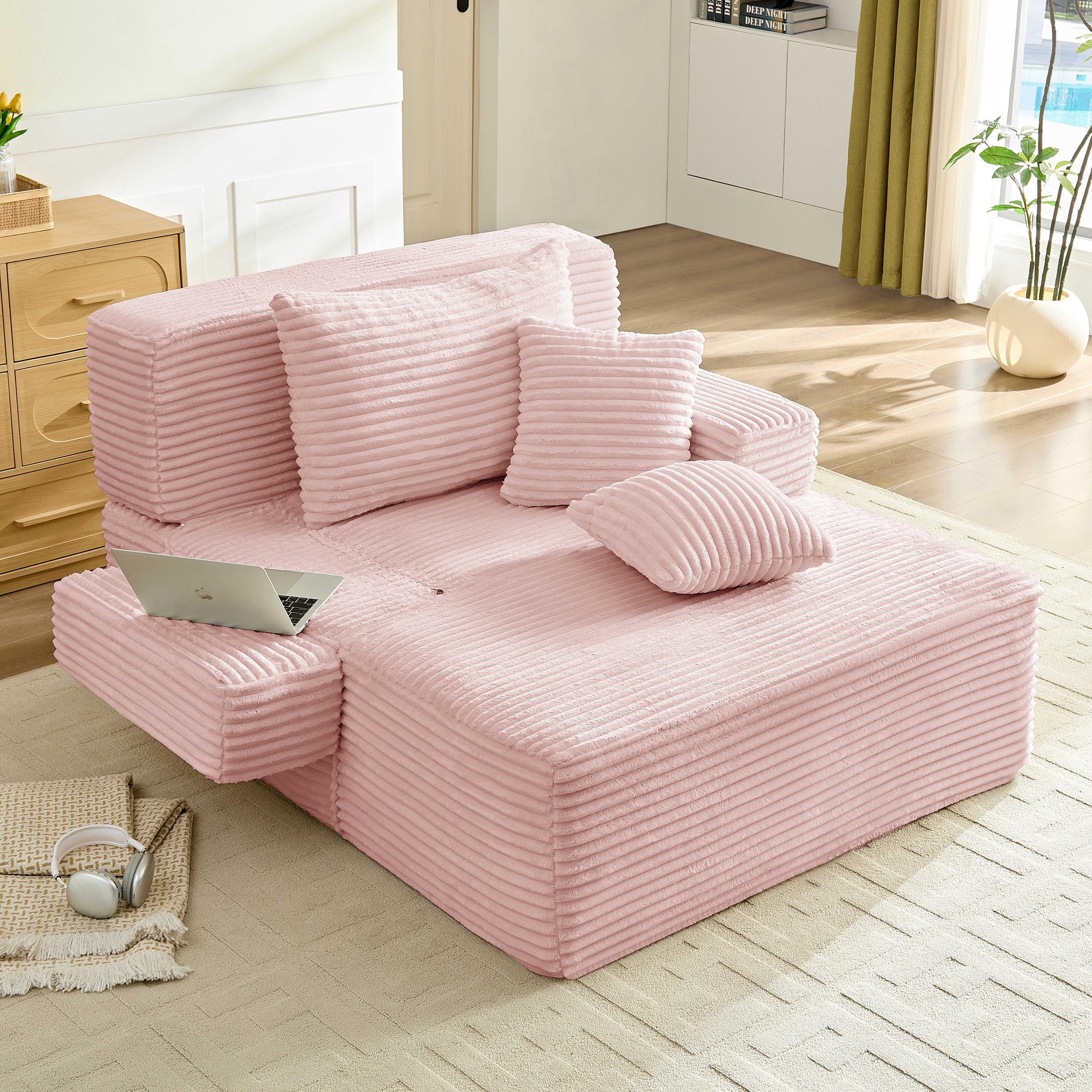 Leumius 70.8" Chaise Lounge Chair Indoor,Oversized Boneless Lounge Chair with Adjustable Backrest & Storage Pocket,Cloud Reading Chair for Living Room Bedroom, No Assembly Required,Pink