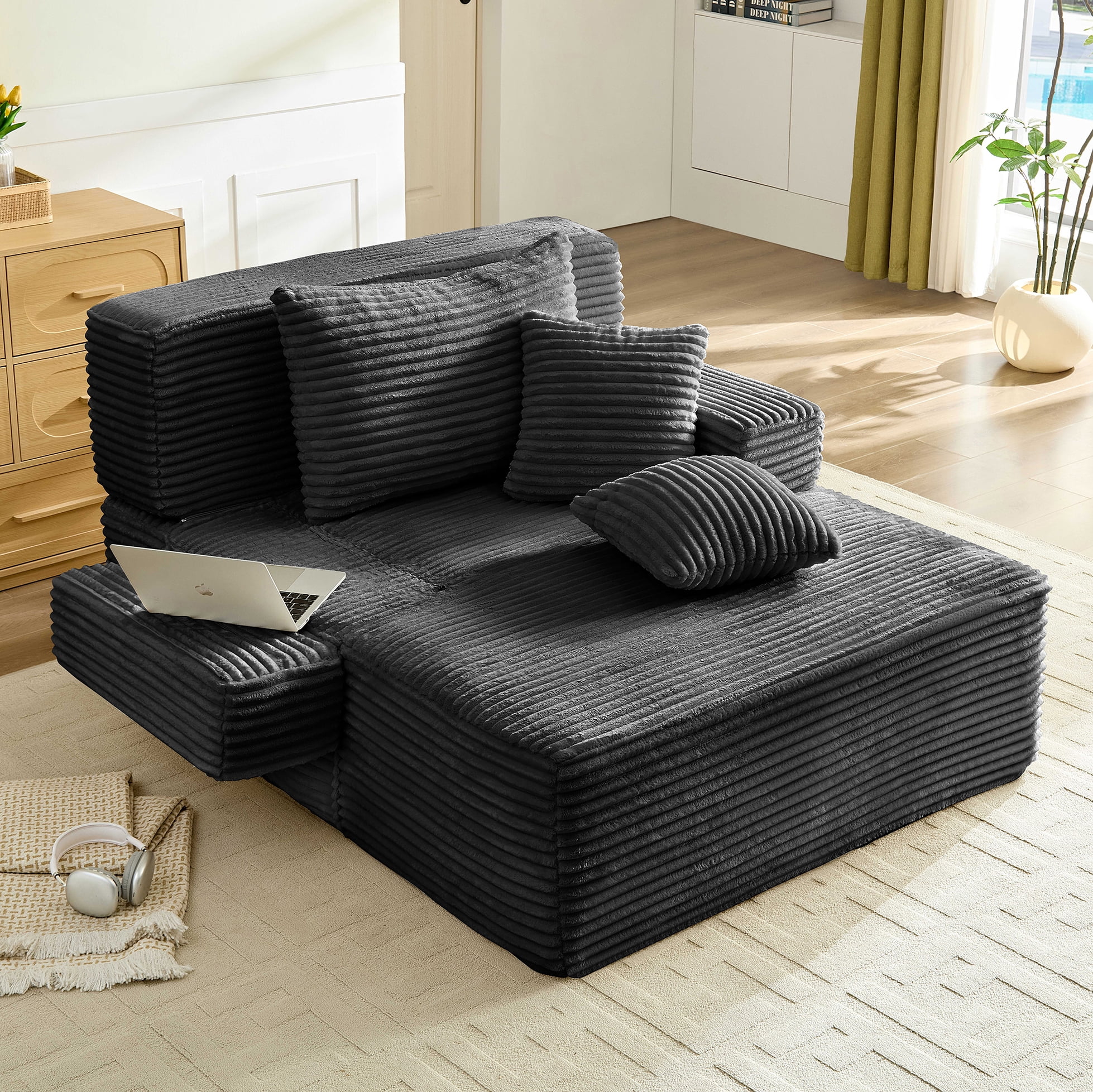 Leumius 70.8" Chaise Lounge Chair Indoor,Oversized Boneless Lounge Chair with Adjustable Backrest & Storage Pocket,Cloud Reading Chair for Living Room Bedroom, No Assembly Required,Black
