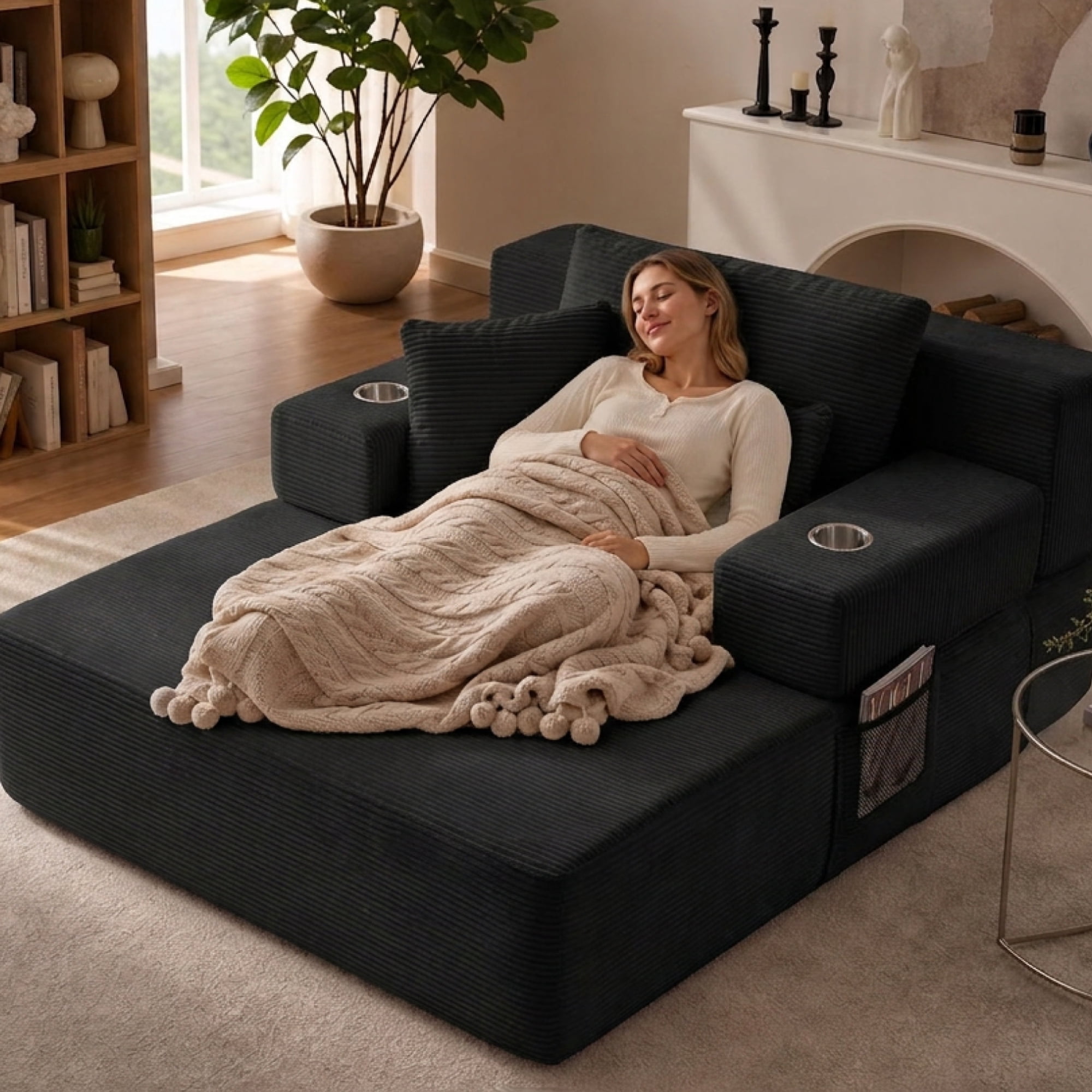 Leumius 70.8'' Oversized Chaise Lounge Chair Indoor,Plush Corduroy Upholstered Cloud Sofa Bed for Living Room,No Assembly Required,Black