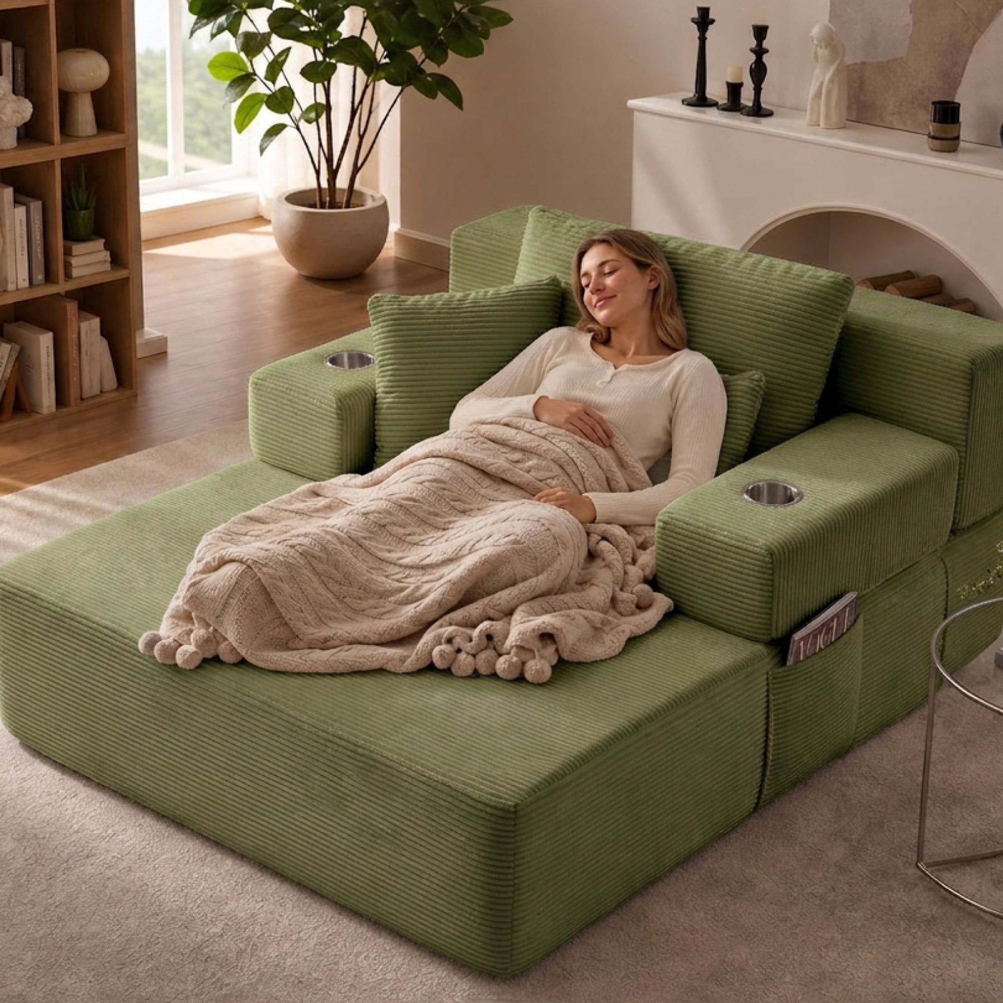 Leumius 70.8'' Oversized Chaise Lounge Chair Indoor,Plush Corduroy Upholstered Cloud Sofa Bed for Living Room,No Assembly Required,Green