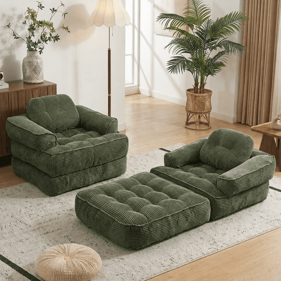 Leumius 70" Folding Sofa Bed,Convertible Single Sofa Bed with Armrest,2-in-1 Corduroy Boneless Foldable Bed with Pillows for Bedroom, Living Room, Homestay, Game Room,Dark Green
