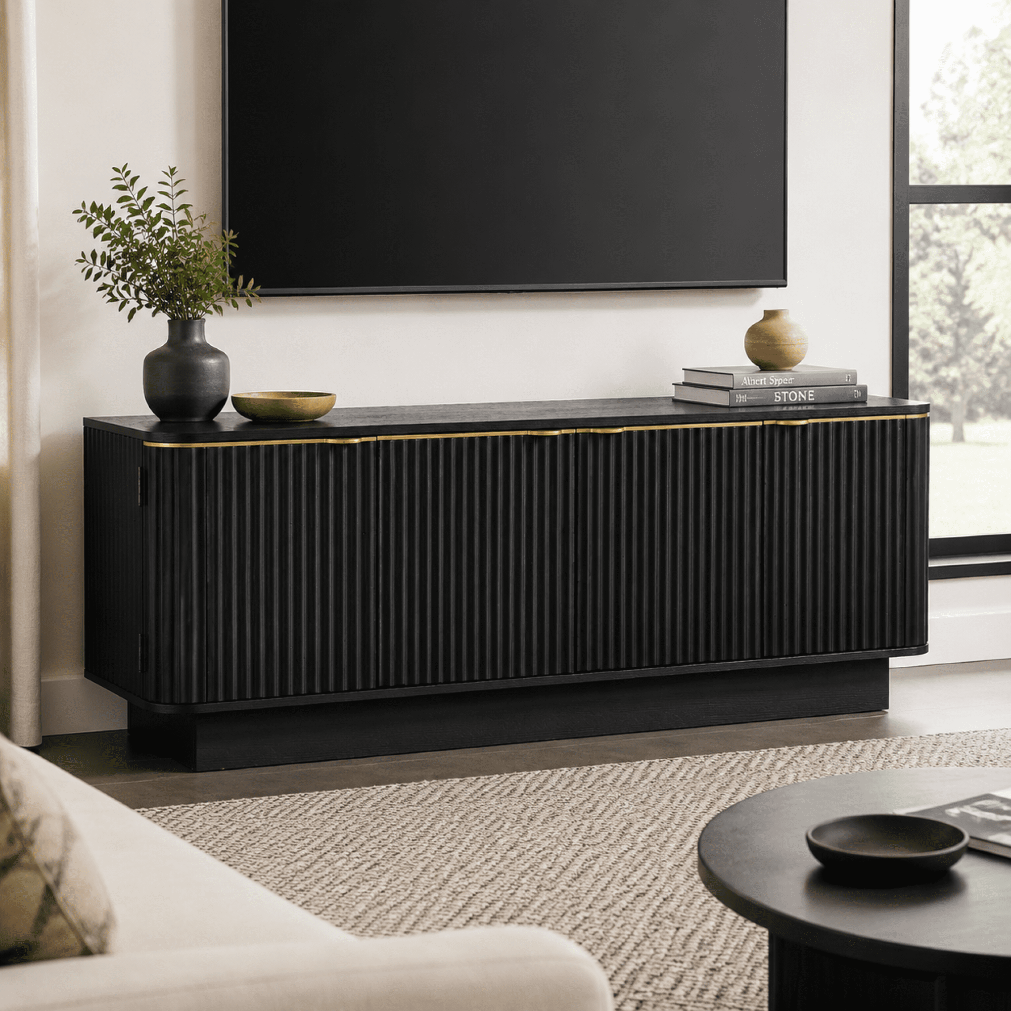 Leumius 70 Inch Modern TV Stand, Fluted Wood Media Console with Adjustable Shelves and Cable Holes, Entertainment Center with Storage Cabinets for Living Room Black