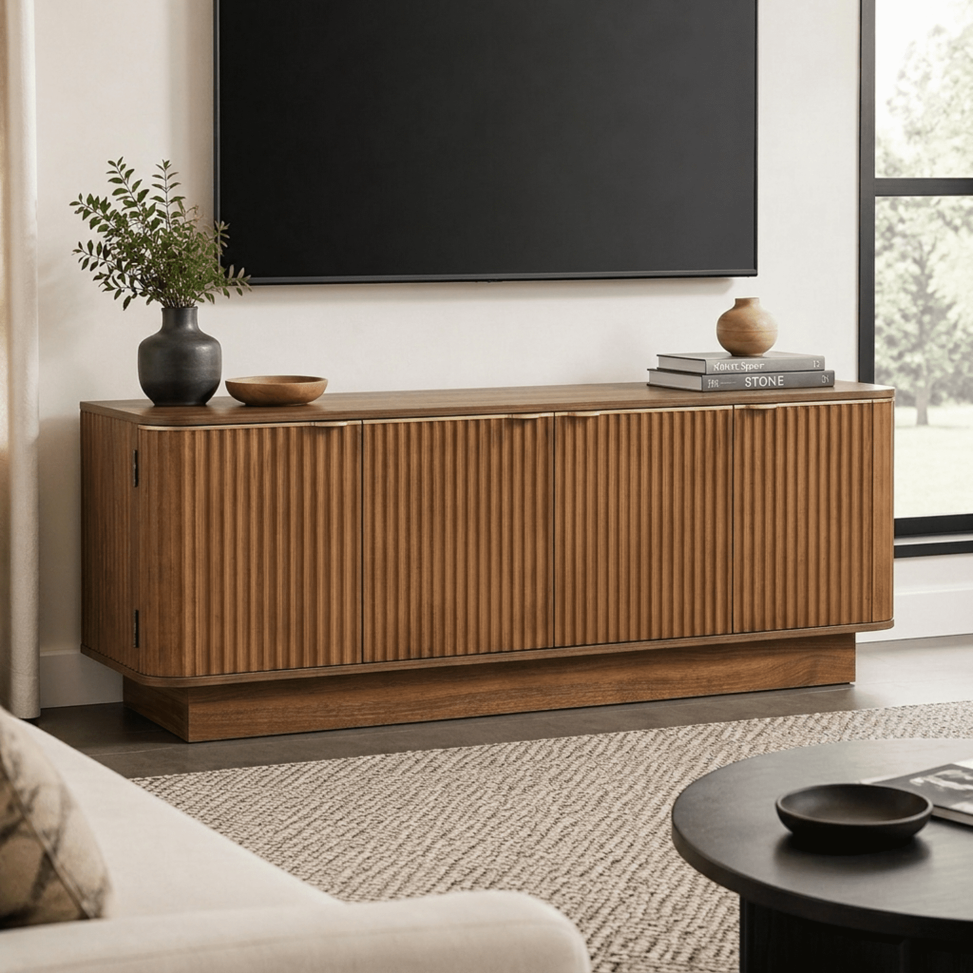Leumius 70 Inch Modern TV Stand, Fluted Wood Media Console with Adjustable Shelves and Cable Holes, Entertainment Center with Storage Cabinets for Living Room Brown
