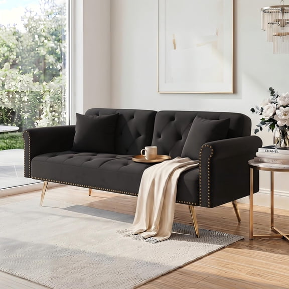 Leumius 70" Loveseat Sofa,Convertible Futon Sofa Bed Velvet Sleeper Sofa Bed with Throw Pillow & Gold Metal Legs,2-Seat Loveseat for Living Room,Bedroom,Office,Black