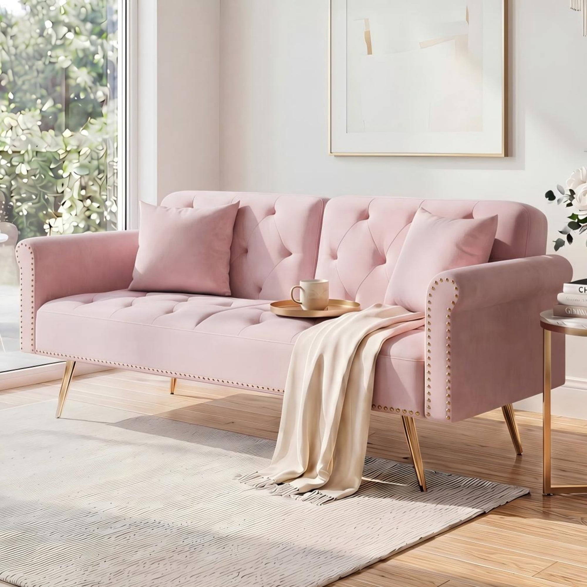 Leumius 70" Loveseat Sofa,Convertible Futon Sofa Bed Velvet Sleeper Sofa Bed with Throw Pillow & Gold Metal Legs,2-Seat Loveseat for Living Room,Bedroom,Office,Pink