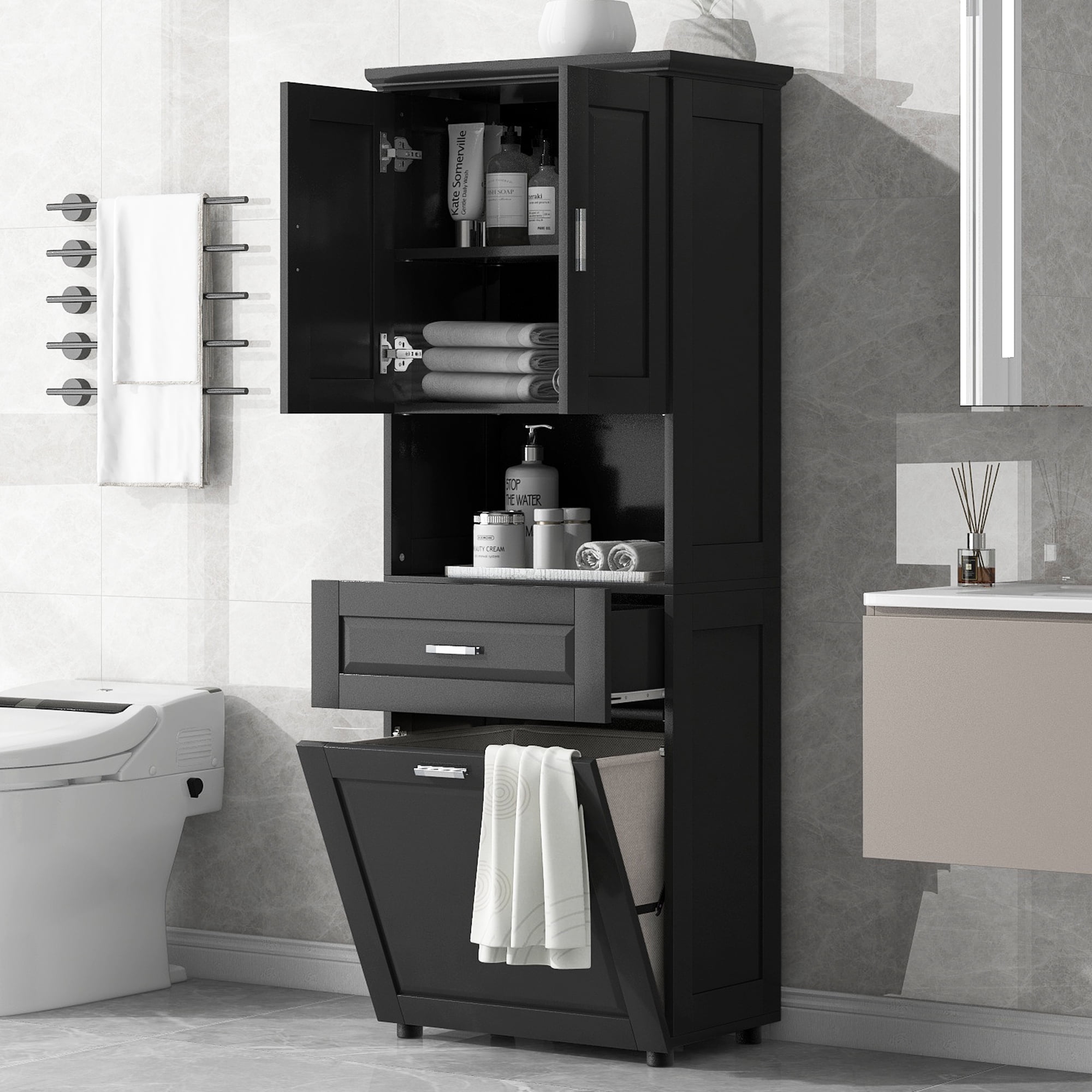 Leumius 70" Tall Bathroom Storage Cabinet with Drawer & Laundry Basket，Modern Freestanding Tilt-Out Laundry Hamper and Upper Storage Cabinet,Black