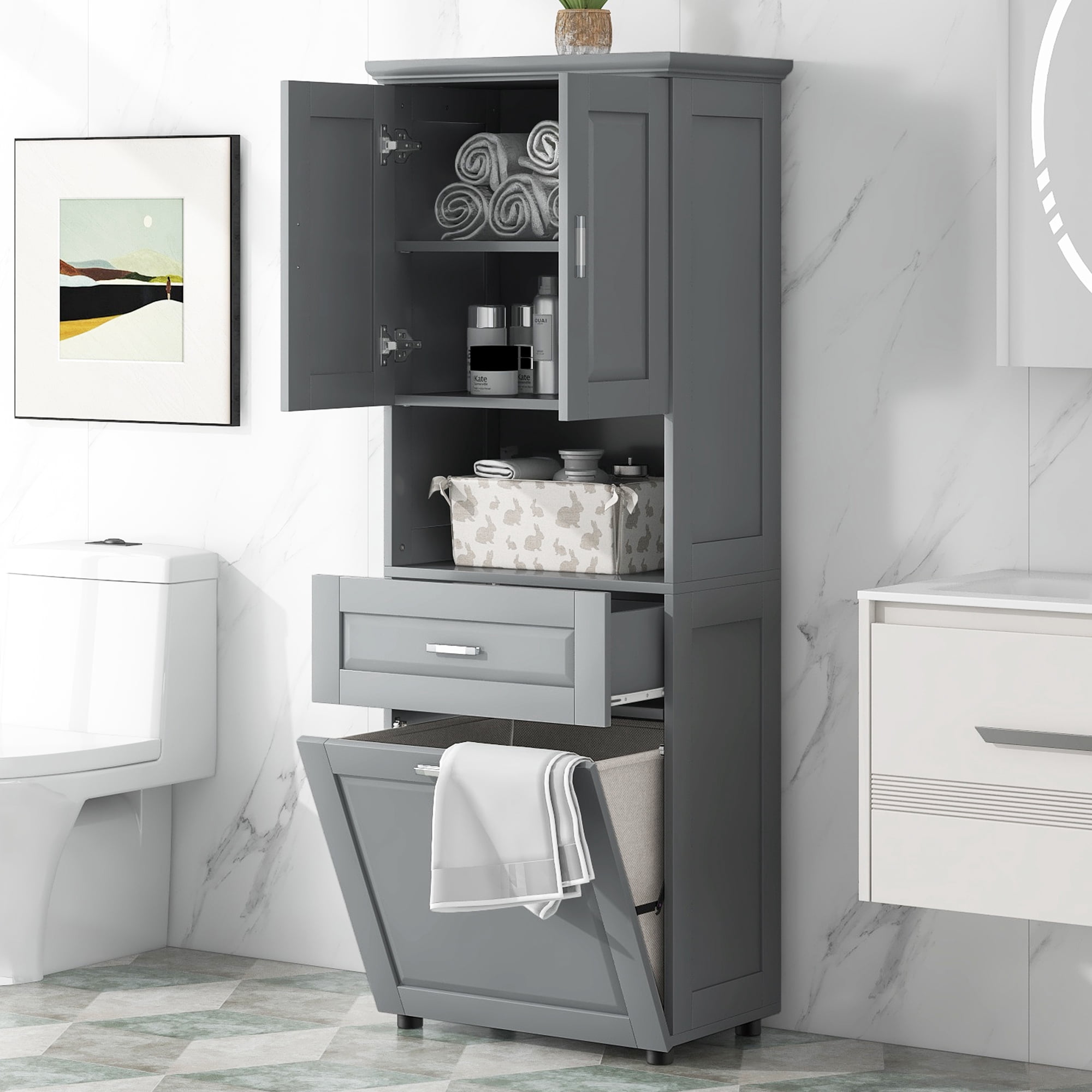 Leumius 70" Tall Bathroom Storage Cabinet with Drawer & Laundry Basket，Modern Freestanding Tilt-Out Laundry Hamper and Upper Storage Cabinet,Grey