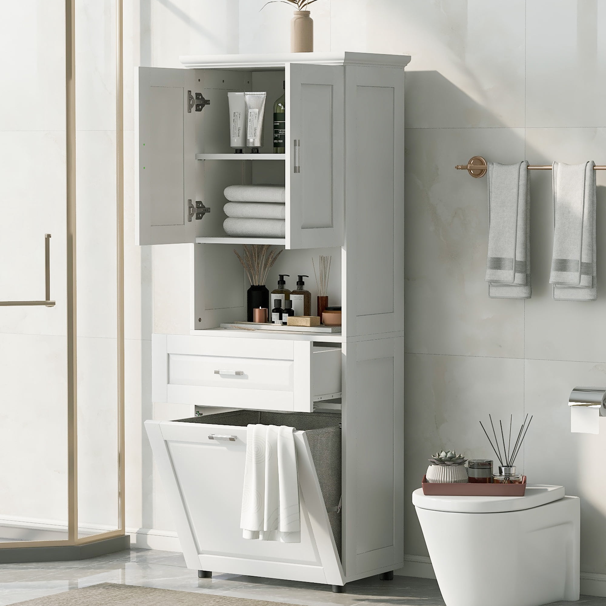 Leumius 70" Tall Bathroom Storage Cabinet with Drawer & Laundry Basket，Modern Freestanding Tilt-Out Laundry Hamper and Upper Storage Cabinet,White