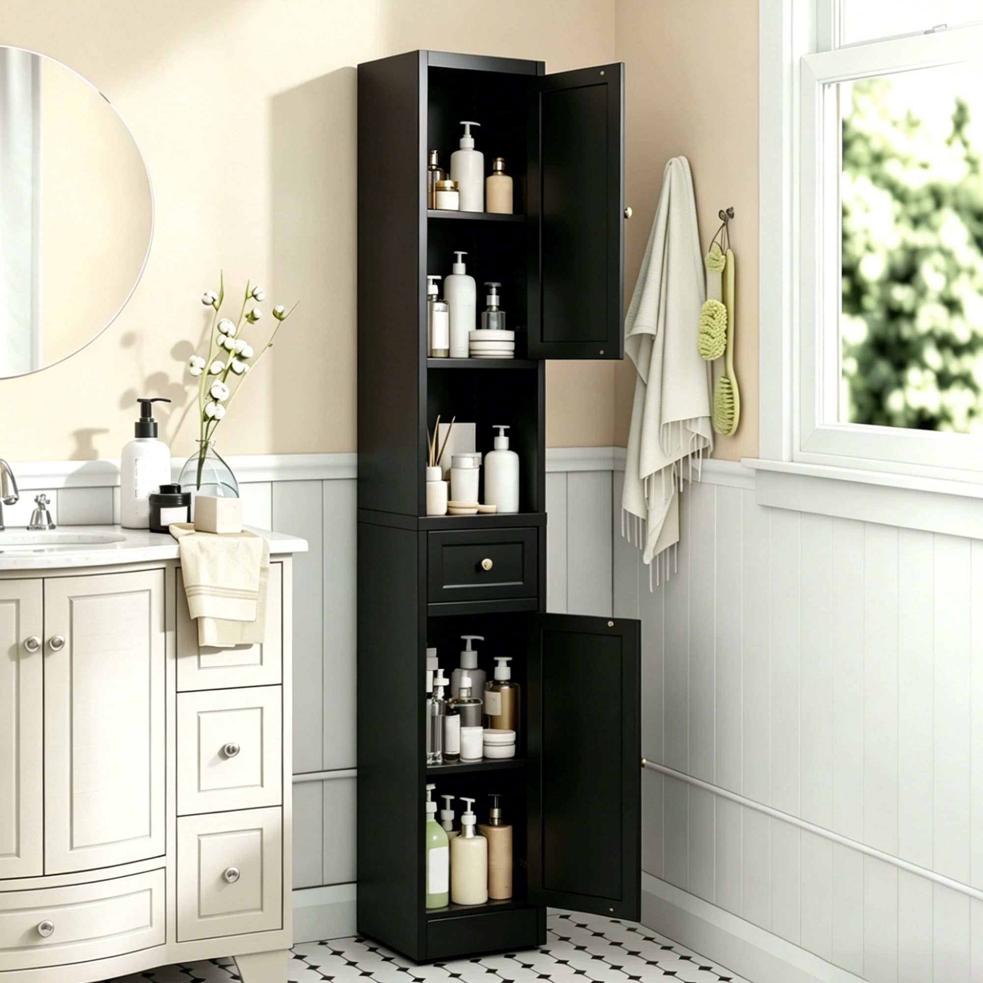 Leumius 71 Inch Tall Bathroom Storage Cabinet,Freestanding 5-Tier Narrow Metal Cabinet with 2 Doors & Adjustable Shelves for Kitchen Living Room Bathroom,Black