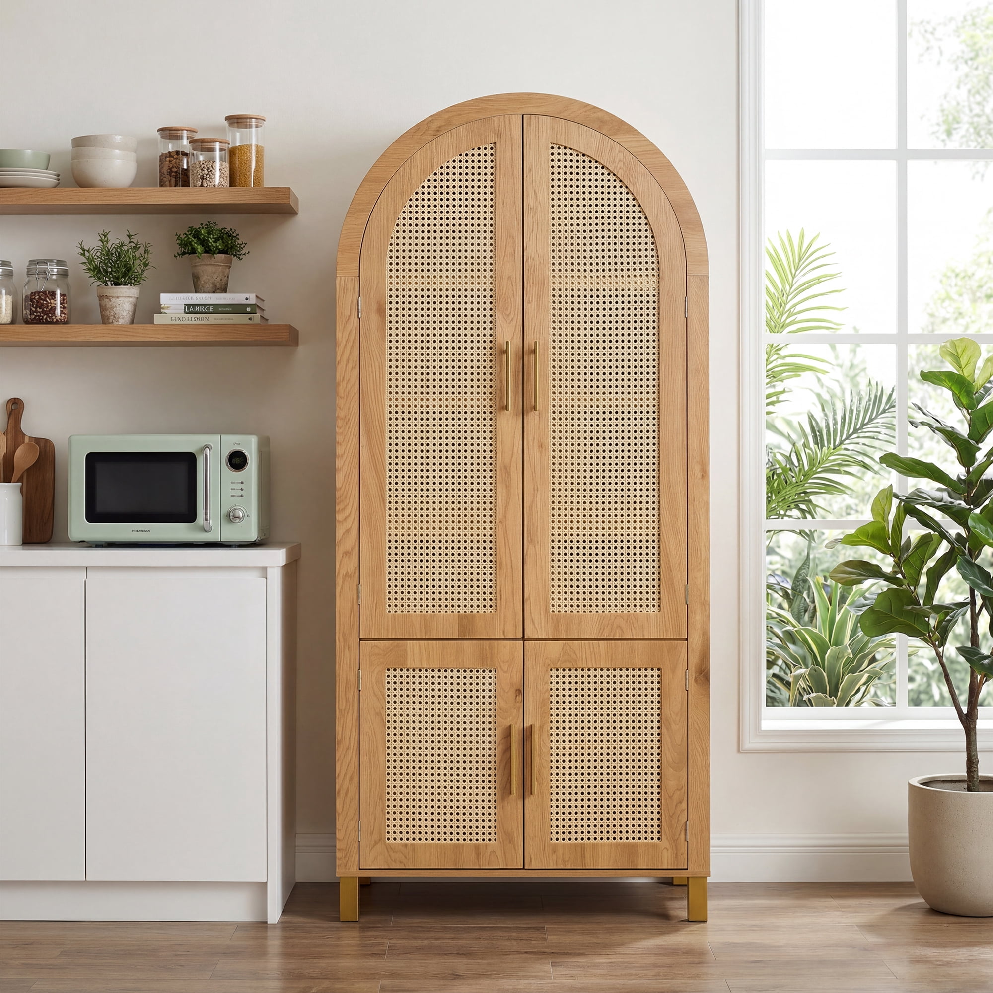 Leumius 71" Tall Arched Cabinet with Rattan Doors and Adjustable Shelves,4 Doors Modern Farmhouse Storage Cabinet with Built-in Racks for Kitchen Dining Room Study Oak