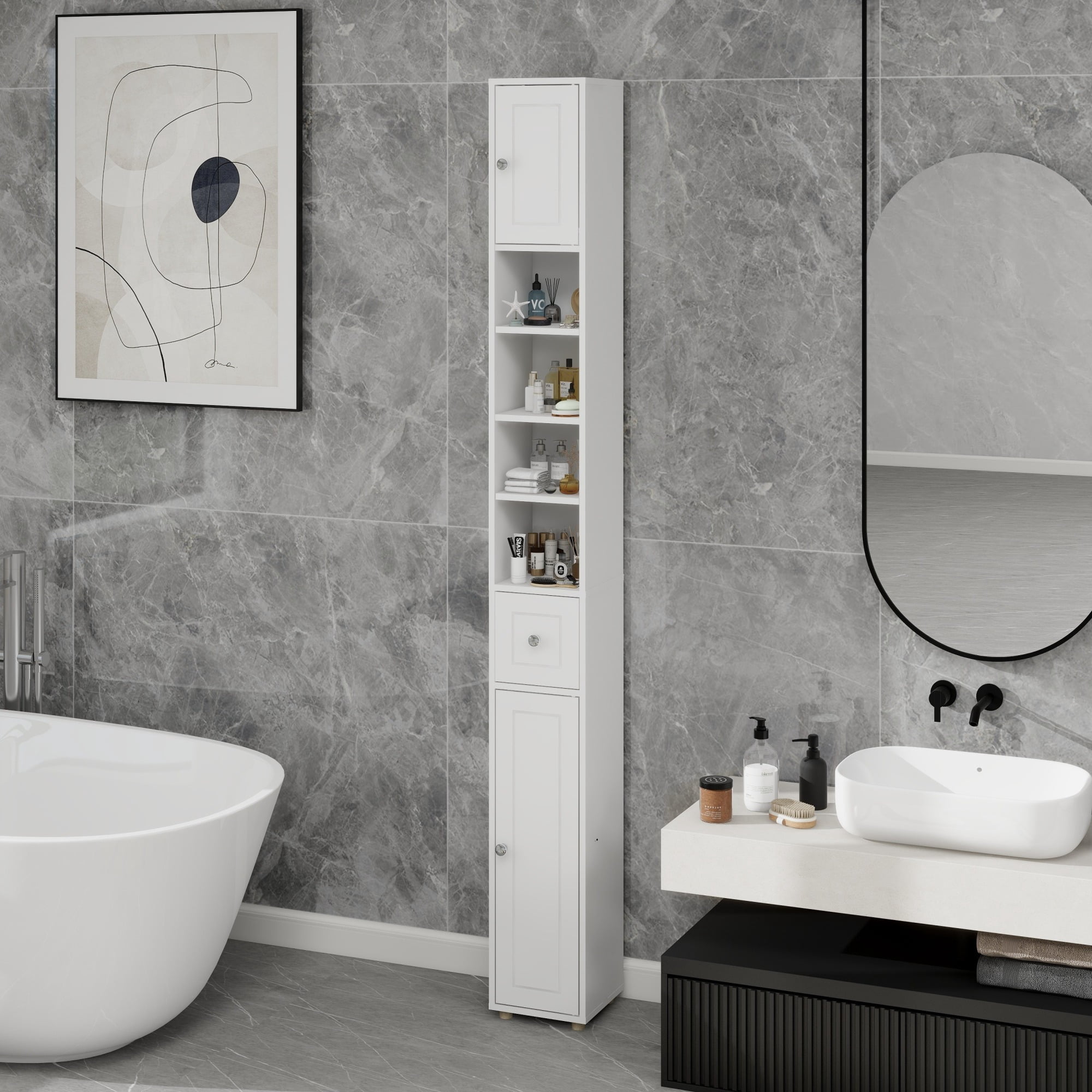 Leumius 71" Tall Bathroom Storage Cabinet,Tall Slim Freestanding Bathroom Cabinet with 1 Drawer, 2 Doors and 4 Adjustable Shelves for Small Space,Living Room,White