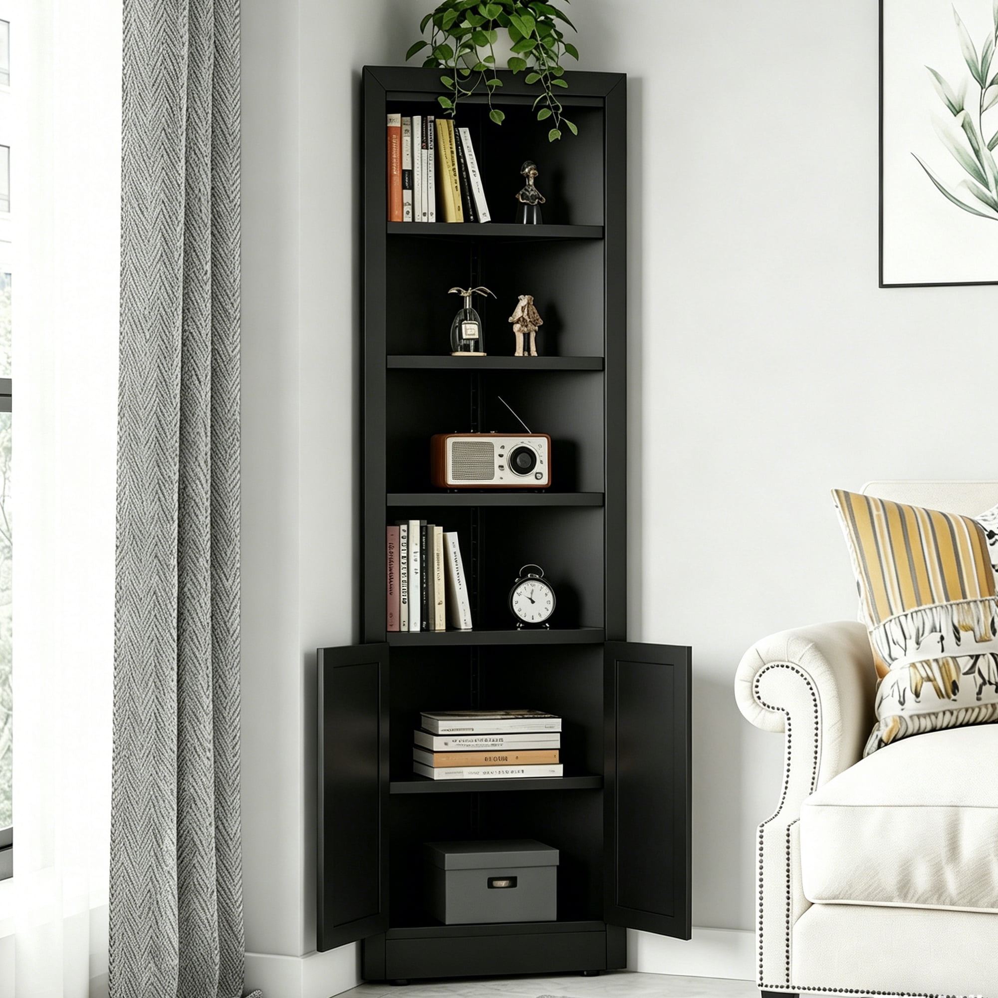 Leumius 71" Tall Corner Storage Cabinet with 2 Doors,Freestanding 5-Tier Metal Cabinet with Adjustable Shelves for Kitchen Living Room Bathroom,Black