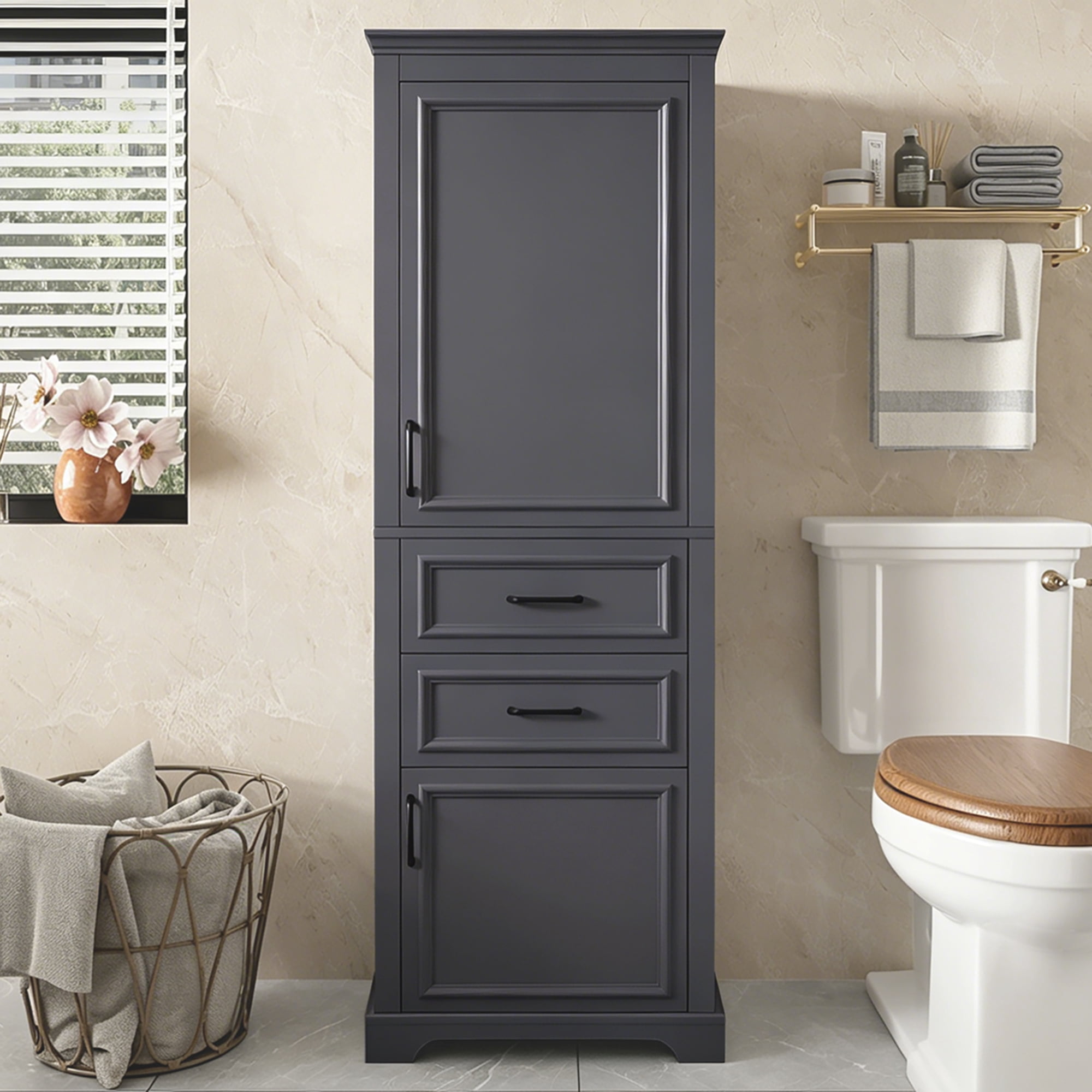 Leumius 71" Tall Freestanding Bathroom Vanity with Damping-Hinge Doors, 2 Drawers, Adjustable Shelf, Anti-Tip Design, Modern Charcoal Gray Finish