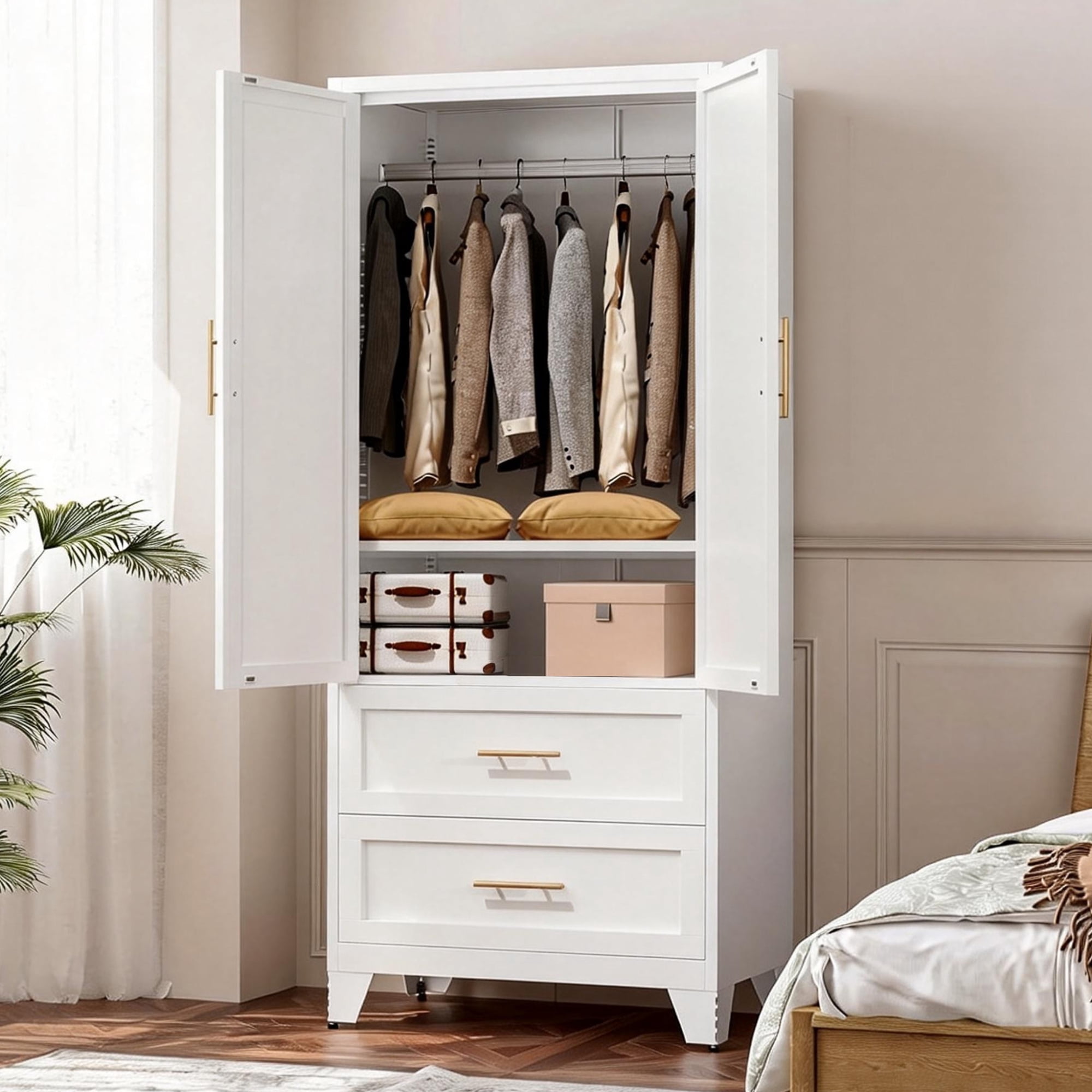 Leumius 71" Tall Metal Wardrobe Closet,Modern Armoire Wardrobe Cabinet 2 Drawers & Hanging Rod,Clothes Storage Organizer Cabinets with Double Doors for Bedroom,Living Room-White