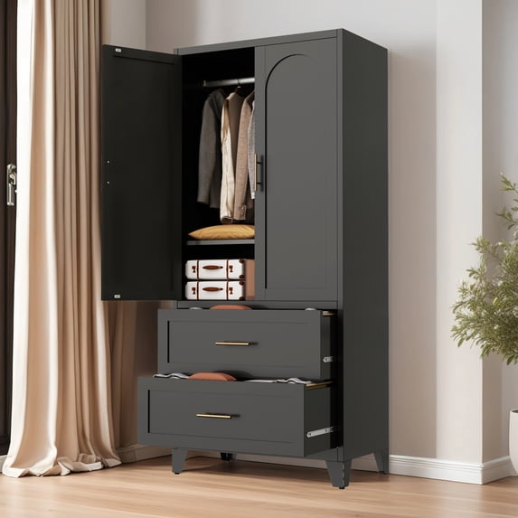Leumius 71" Tall Metal Wardrobe Closet,Modern Armoire Wardrobe Cabinet 2 Drawers & Hanging Rod,Clothes Storage Organizer Cabinets with Double Doors for Bedroom,Living Room-Black