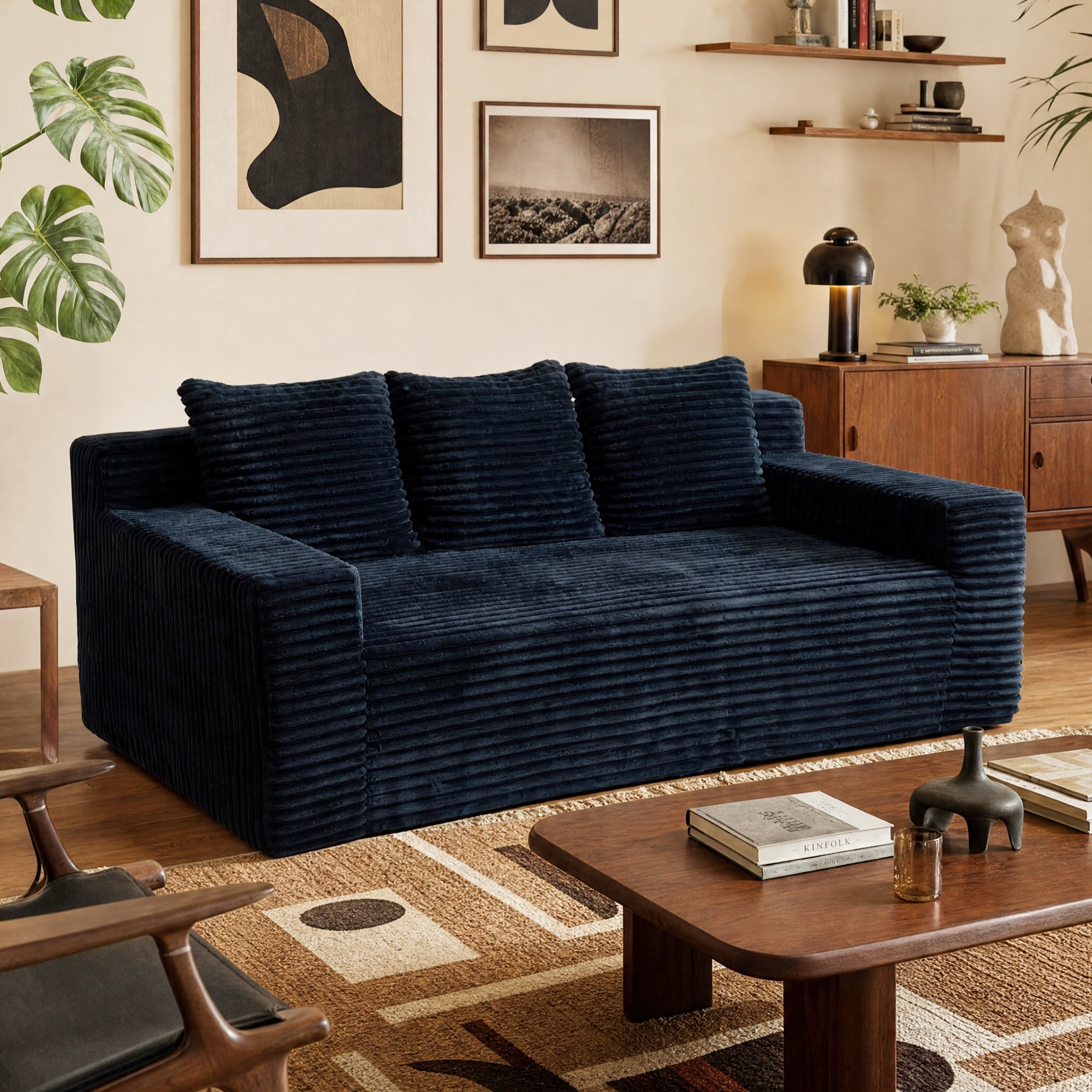 Leumius 72.2" 3-Setaser Sofa with Corduroy Fabric, Deep Seat Couches, Comfy Loveseat Sofa, No Assembly for Living Room Bedroom Conference Room Apartment Black