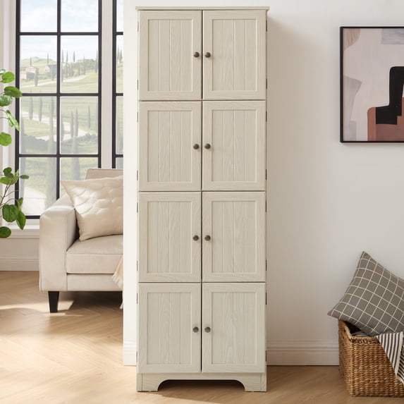 Leumius 72.4" Tall Storage Cabinet Tall Storage Cabinet with 8 Doors and 4 Shelves ,Bookshelf for Living Room, Kitchen, Dining Room, Office White