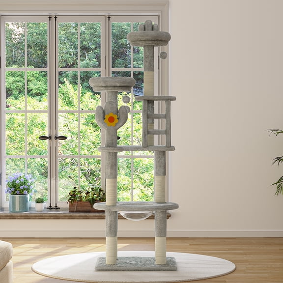 Leumius 72" Cat Tree with Transparent Capsule,Sisal Scratching Posts,Plush Perches and Interactive Toys,Multi-Level Cat Activity Center Furniture for Kittens and Large Cats Gray