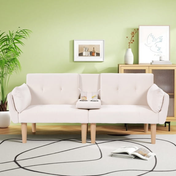 Leumius 72 Inch Futon Sofa Bed,Velvet Futon Couch with Adjustable Backrest and Cupholders,Suitable for Apartment,Living Room,Small Space,Beige