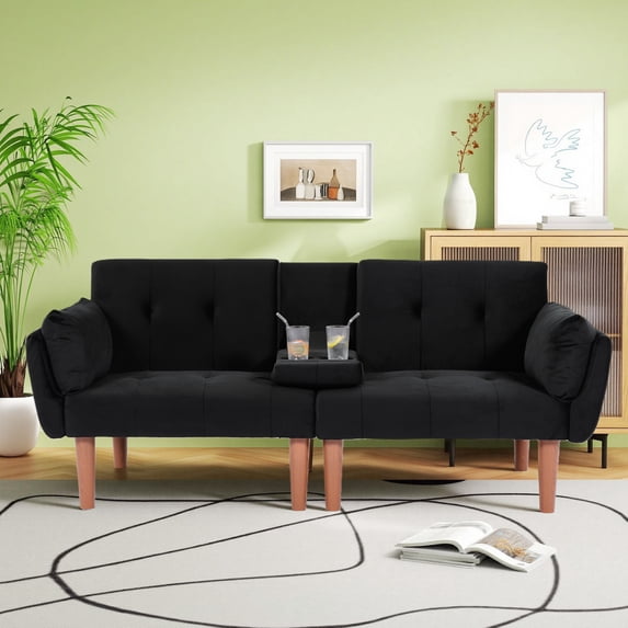 Leumius 72 Inch Futon Sofa Bed,Velvet Futon Couch with Adjustable Backrest and Cupholders,Suitable for Apartment,Living Room,Small Space,Black