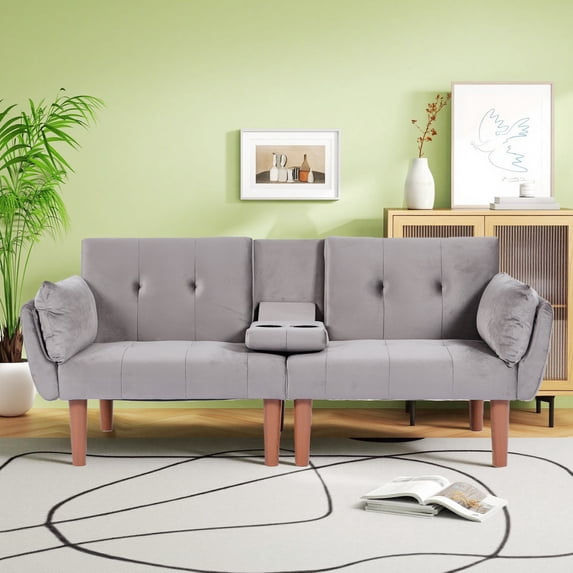 Leumius 72 Inch Futon Sofa Bed,Velvet Futon Couch with Adjustable Backrest and Cupholders,Suitable for Apartment,Living Room,Small Space,Dark Gray