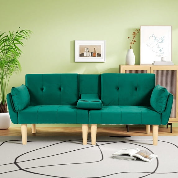 Leumius 72 Inch Futon Sofa Bed,Velvet Futon Couch with Adjustable Backrest and Cupholders,Suitable for Apartment,Living Room,Small Space,Green