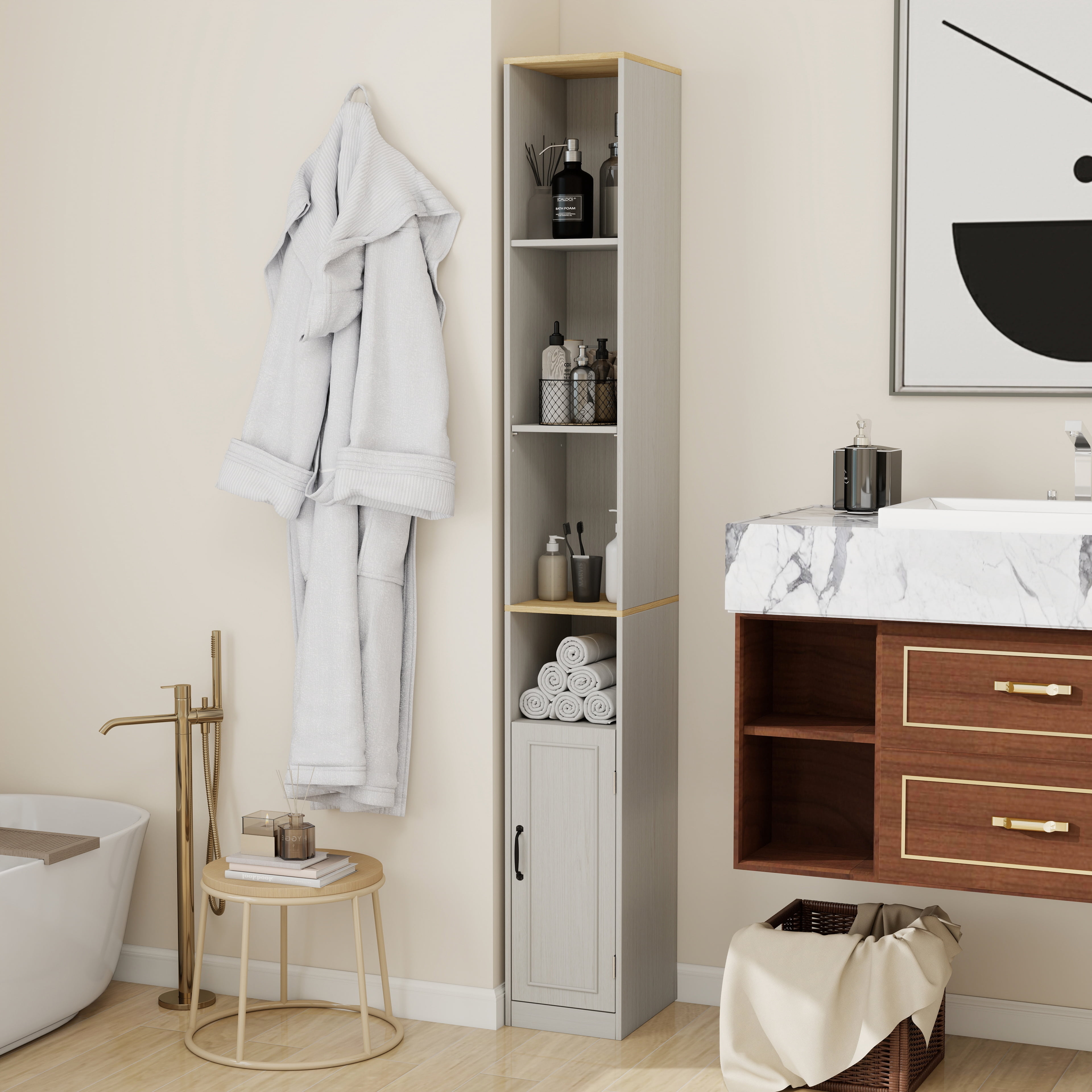 Leumius 72" Tall Bathroom Storage Cabinet,6-Tier Narrow Freestanding Bathroom Cabinet with 1 Door and 2 Adjustable Shelves,Tall Cabinet for Small Space,Living Room,Kitchen,Antique White