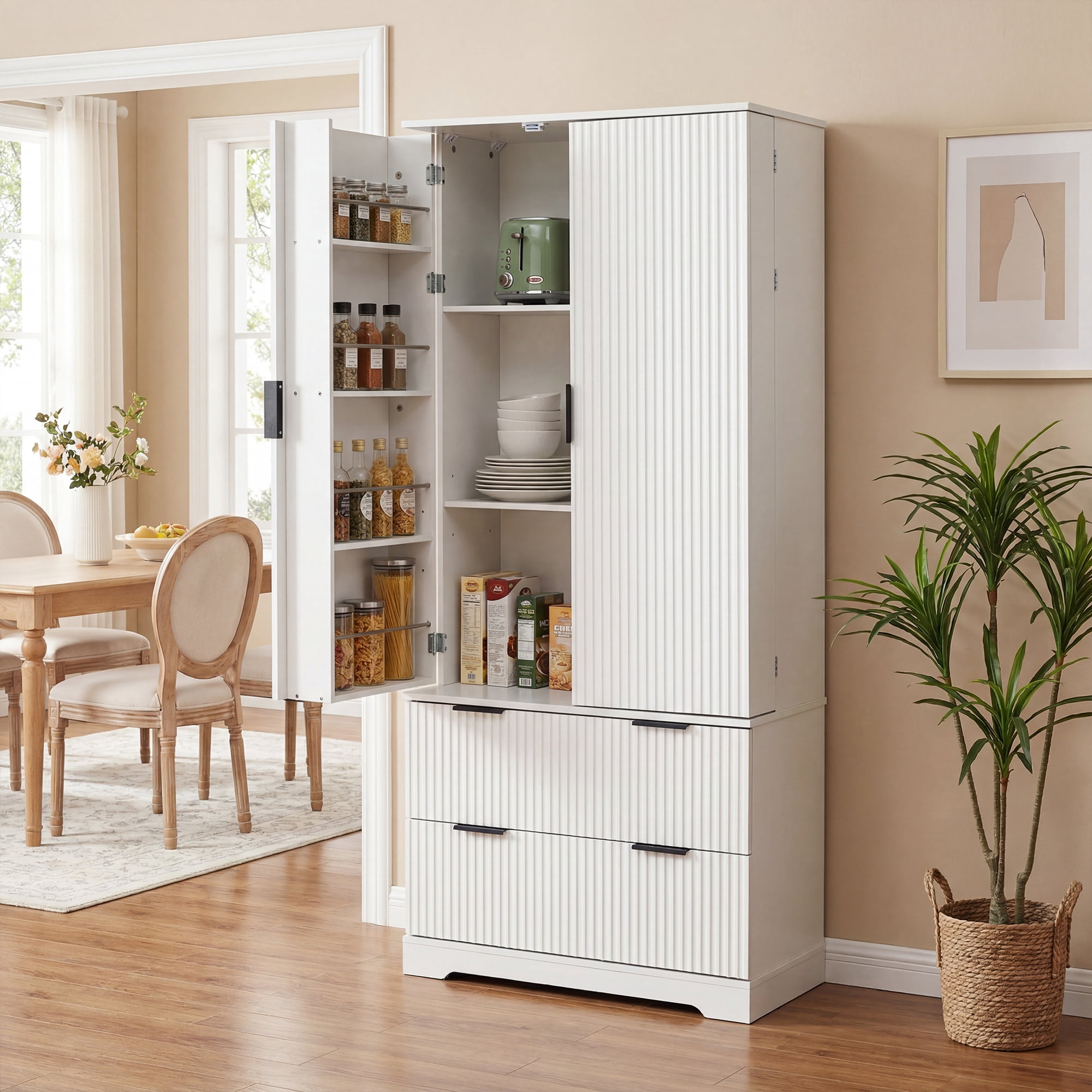 Leumius 72" Tall Kitchen Pantry Cabinet with 2 Large Drawers & 8-Door Spice Rack,Modern Freestanding Storage Organizer for Kitchen,Dining Room,Bathroom,Living Room,White