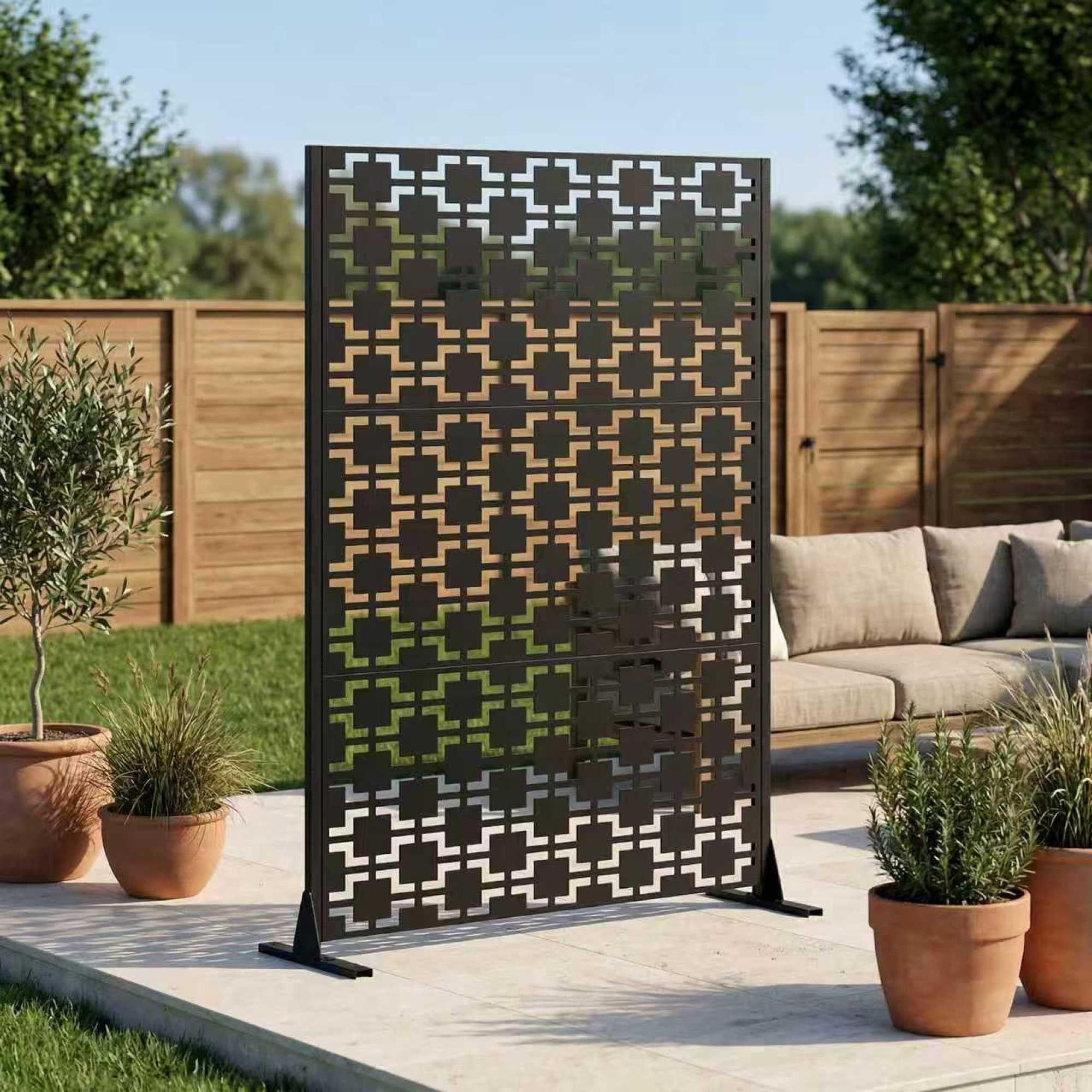 Leumius 72"x46" Outdoor Privacy Screen Freestanding Metal Room Dividers Balcony Decorative Screen with Stable Base,Portable Divider Screens for Patio, Deck, Balcony, Backyard, Garden,Black