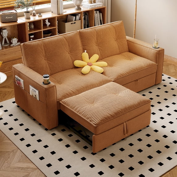 Leumius 73.2" Convertible Corduroy Sofa Bed with Pull Out Bed ,2-in-1 Multi-Functional Sofa Couch with Steel Frame for Living Room,Bedroom,Apartment,Small Spaces,Orange