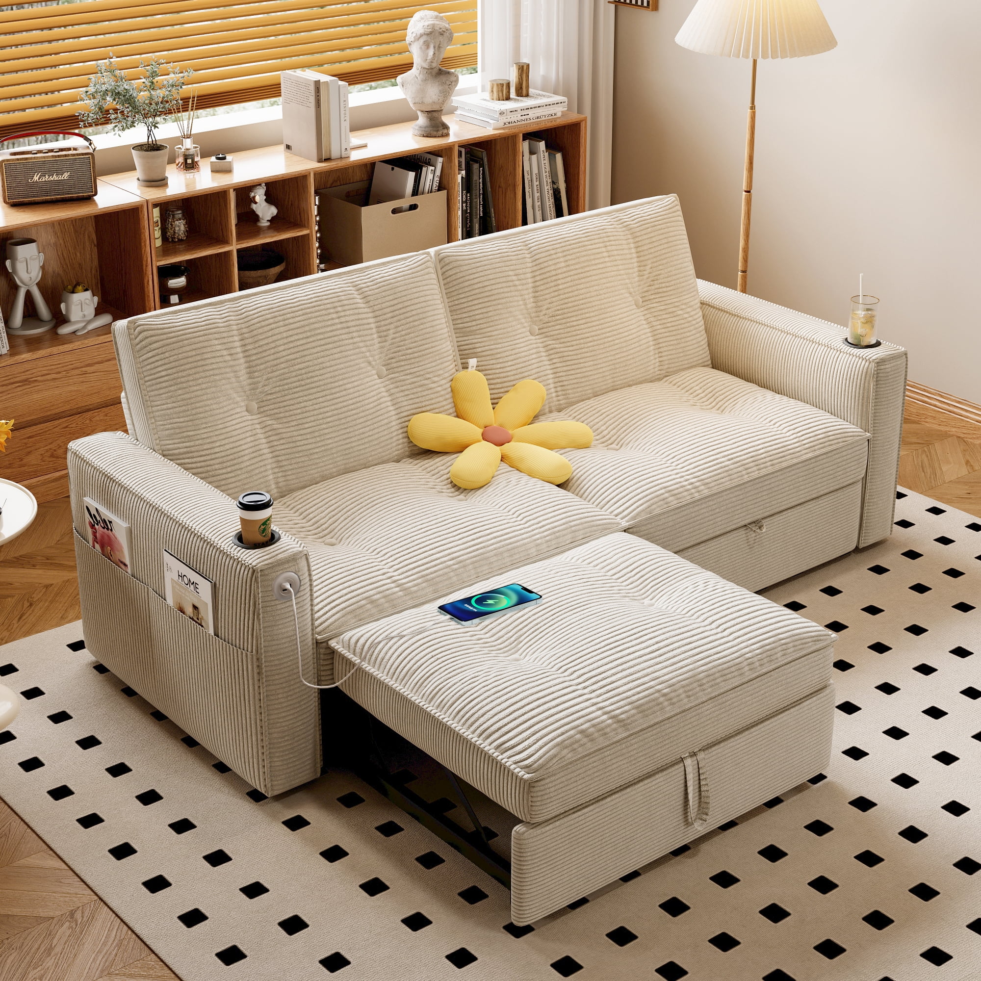 Leumius 73.2" Convertible Corduroy Sofa Bed with Pull Out Bed ,2-in-1 Multi-Functional Sofa Couch with Steel Frame for Living Room,Bedroom,Apartment,Small Spaces,White