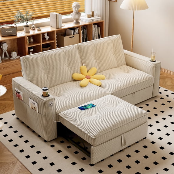 Leumius 73.2" Convertible Corduroy Sofa Bed with Pull Out Bed ,2-in-1 Multi-Functional Sofa Couch with Steel Frame for Living Room,Bedroom,Apartment,Small Spaces,White