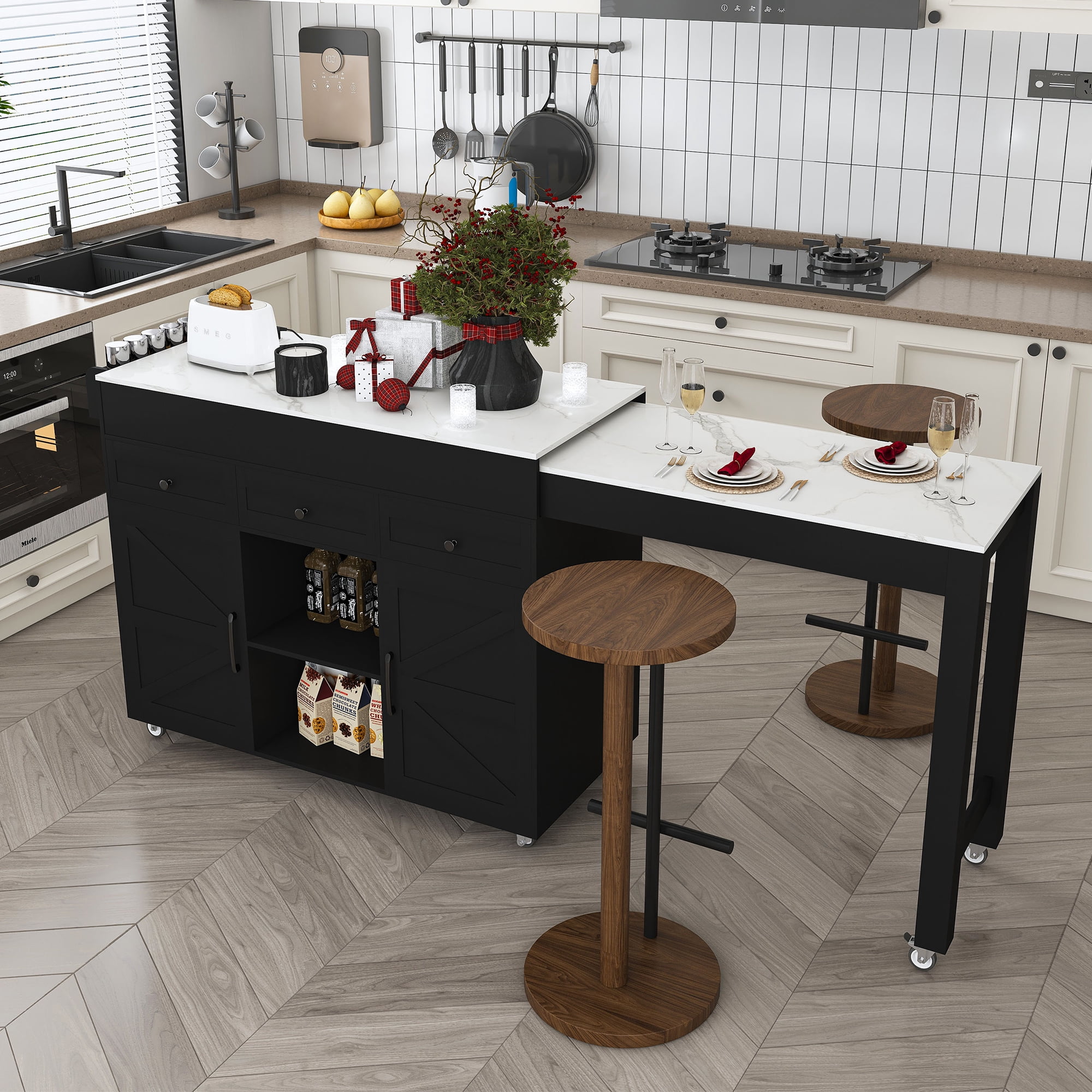 Leumius 74.8" Kitchen Island with Extendable Dining Table,Rolling Kitchen Island Cart on Wheels with 3 Drawers & Cabinet & Built-in Power Outlet,Island Table for Kitchen,Dining Room,Black