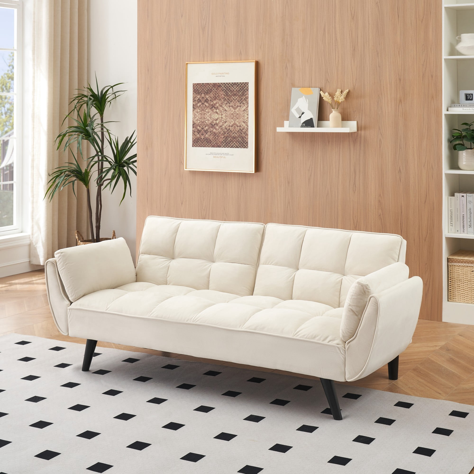 Leumius 74" Modern Loveseat Sofa for Living Room,Velvet Futon sofa bed with Adjustable Back & with 2 Throw Pillow for Bedroom,Small Spaces,Beige