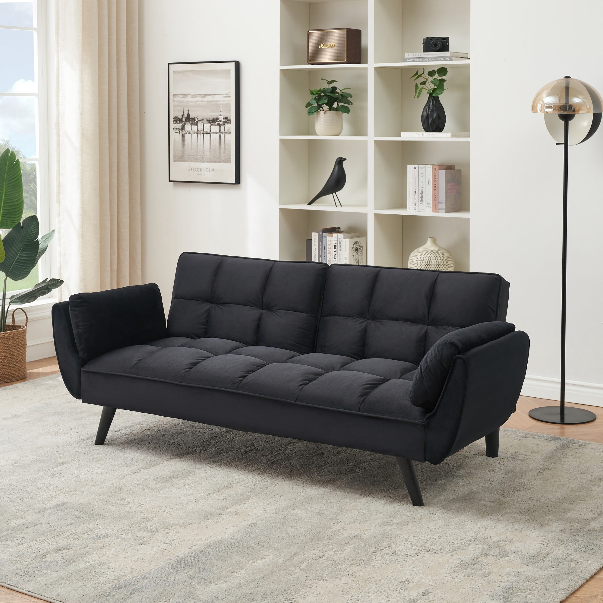 Leumius 74" Modern Loveseat Sofa for Living Room,Velvet Futon sofa bed with Adjustable Back & with 2 Throw Pillow for Bedroom,Small Spaces,Black