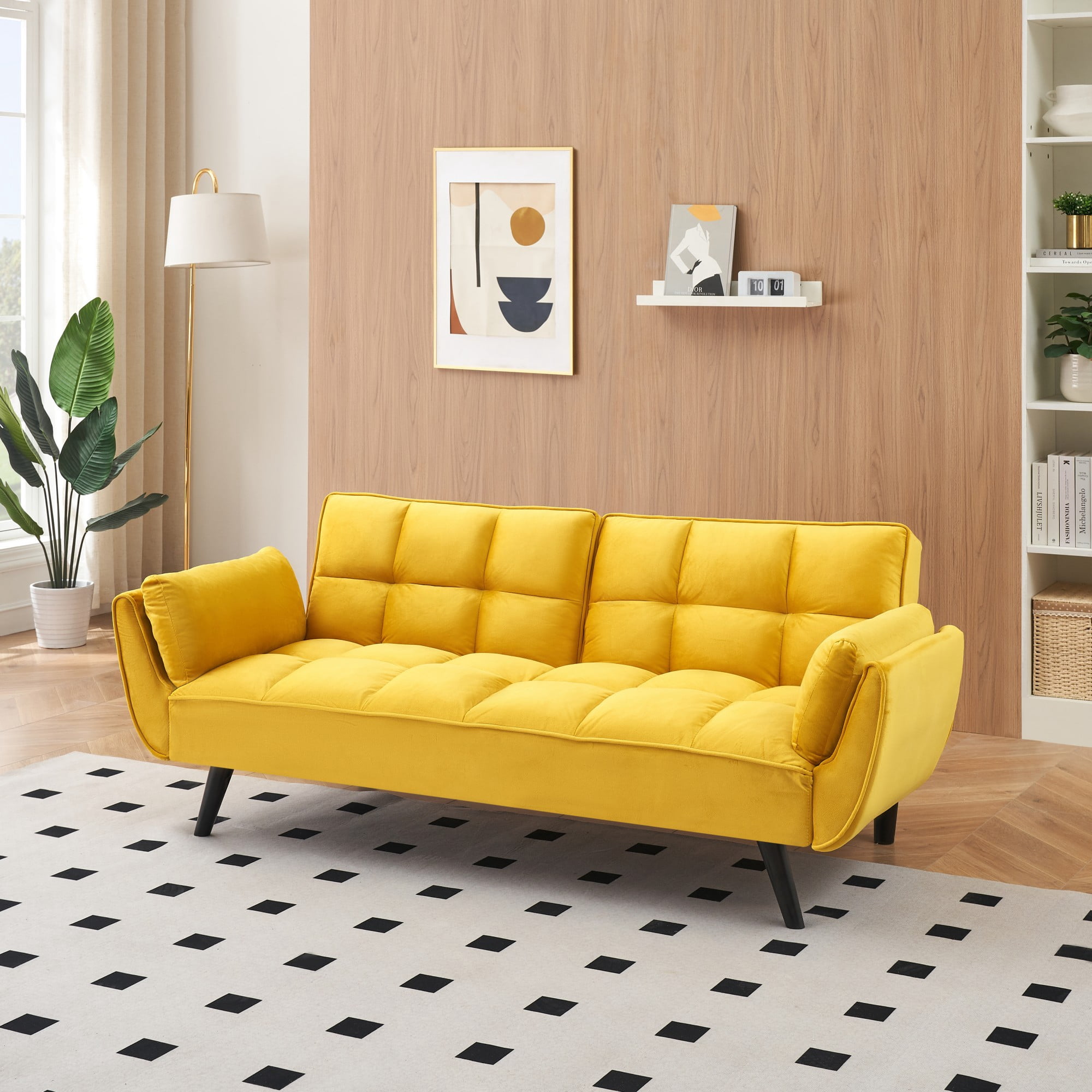 Leumius 74" Modern Loveseat Sofa for Living Room,Velvet Futon sofa bed with Adjustable Back & with 2 Throw Pillow for Bedroom,Small Spaces,Yellow