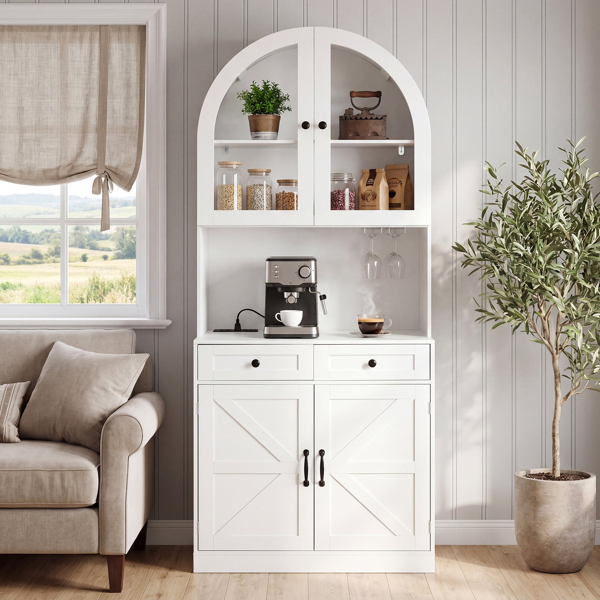 Leumius 75" Farmhouse Tall Arched Pantry Cabinet with Charging Station, Adjustable Shelves, Coffee Bar with Open Countertop for Kitchen, Dining Room, Living Room, White