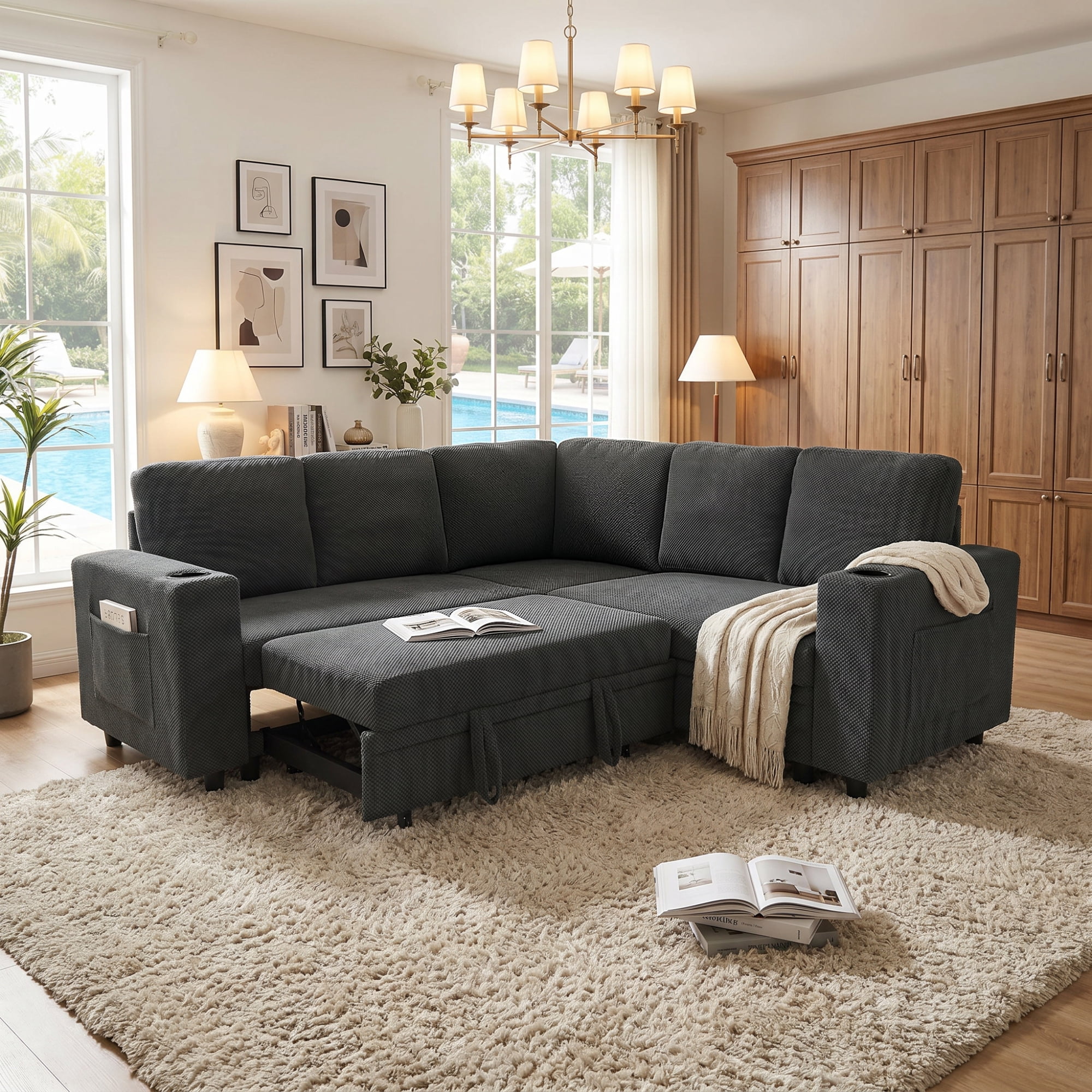 Leumius 76.5" Sectional Sleeper Sofa with Pull Out Bed,Storage Seat & Cup Holders,L-Shape Modern Upholstered Sofa Couch Convertible Corner Couch for Living Room,