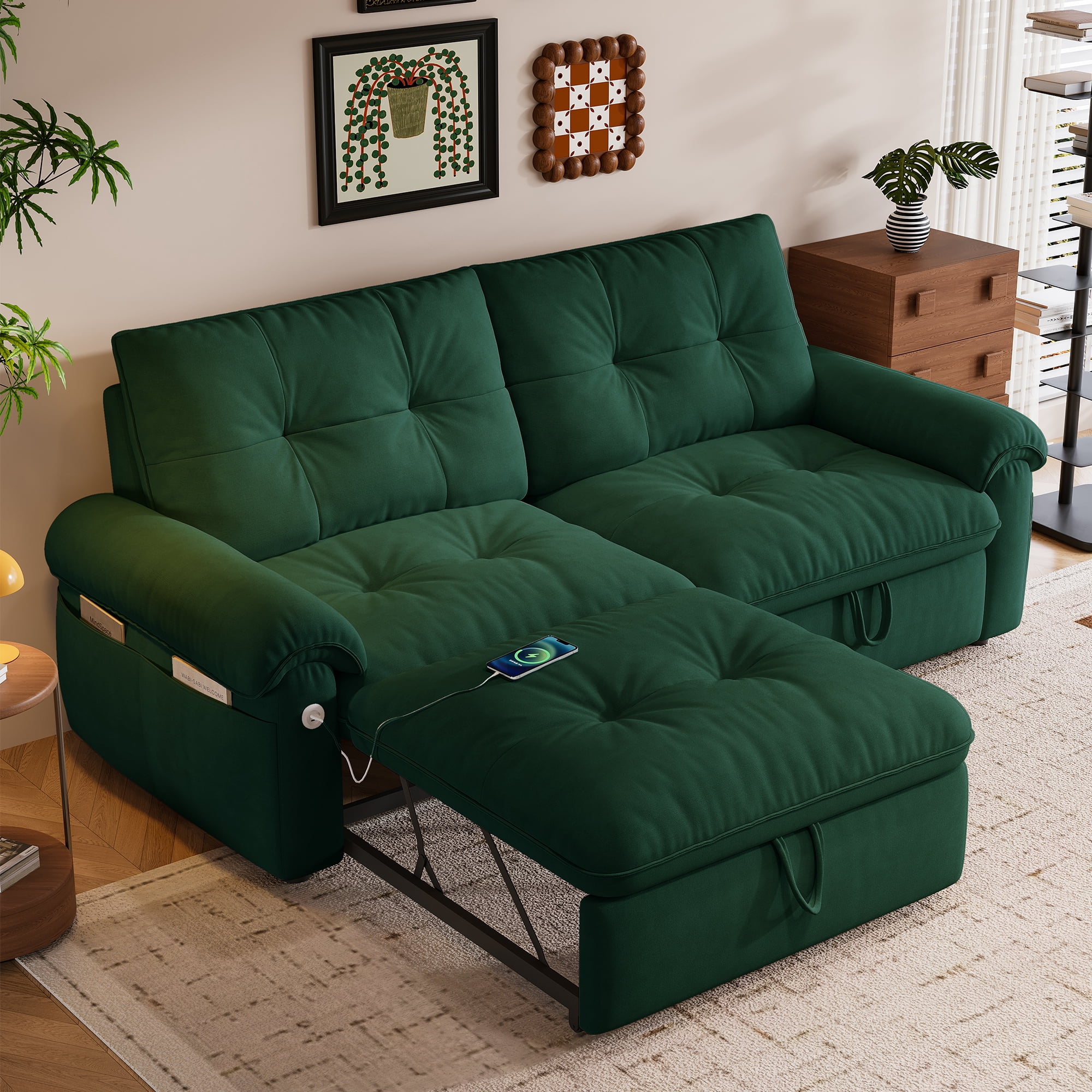 Leumius 77" Convertible Sofa Bed,2-in-1 Cloud Loveseat Sleeper Sofa with Steel Frame & USB, Chenille Pull Out Bed for Living Room/Bedroom/Apartment,Green