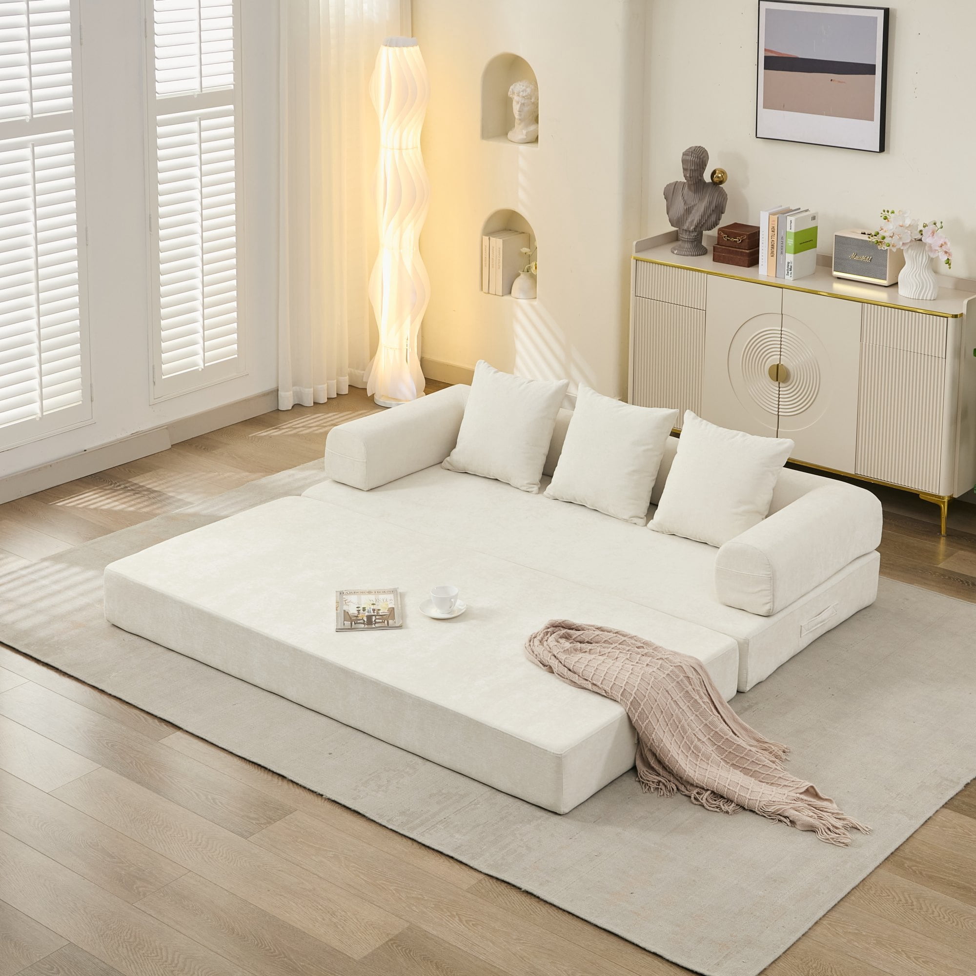 Leumius 78.8" Convertible Futon Sofa Bed, Boneless Couch for Living Room, Chenille Boneless Loveseat Sleeper Sofa, Foldable Floor Sleeper Mattress Lounge for Living Room Bedroom, No Assembly,Beige