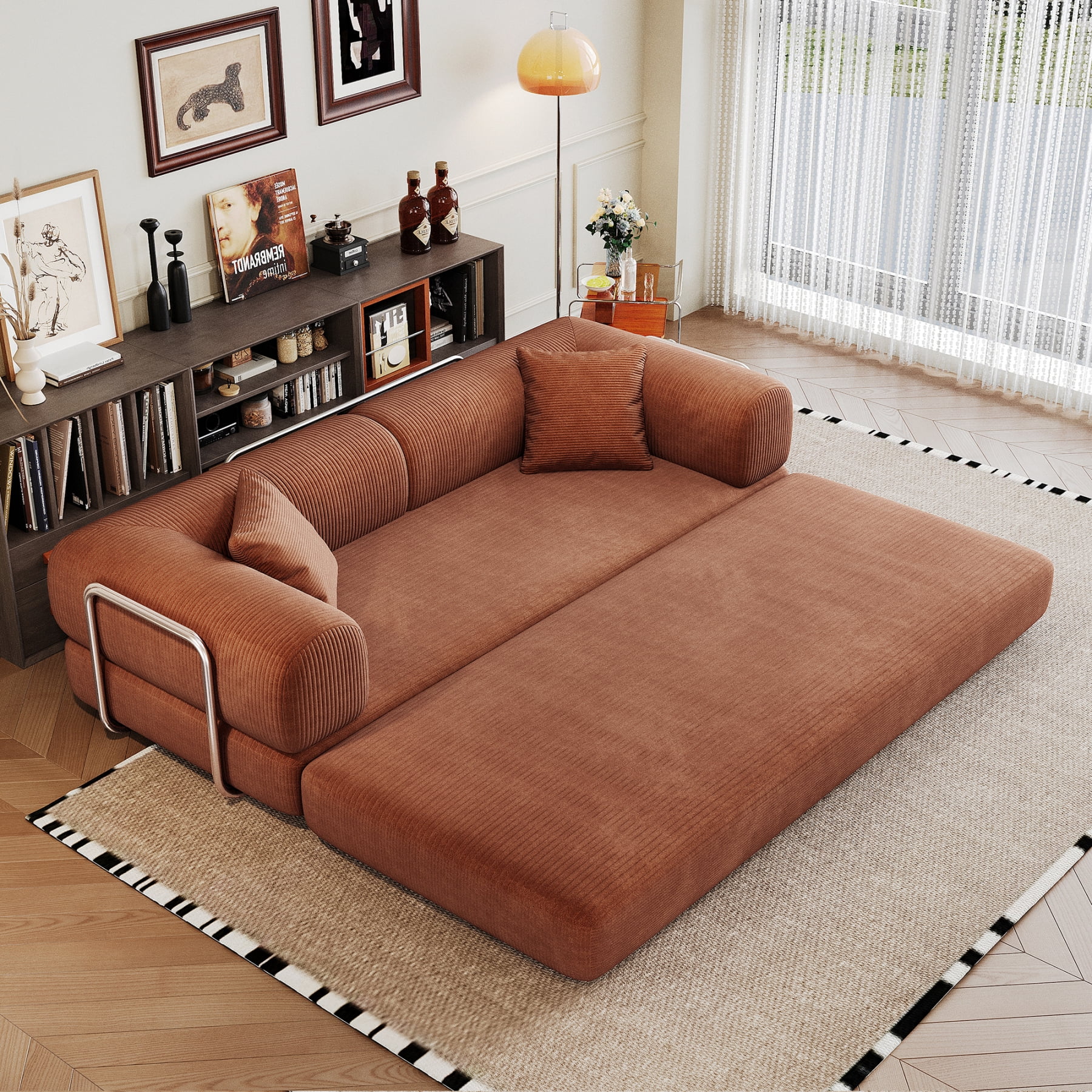 Leumius 78.8" Convertible Sofa Bed with Fixed-Shape Frame & Support Armrest,Modular Corduroy Sleeper Sofa,Boneless Couch Folding Mattress Couch for Small Spaces - No Assembly Needed,Brown
