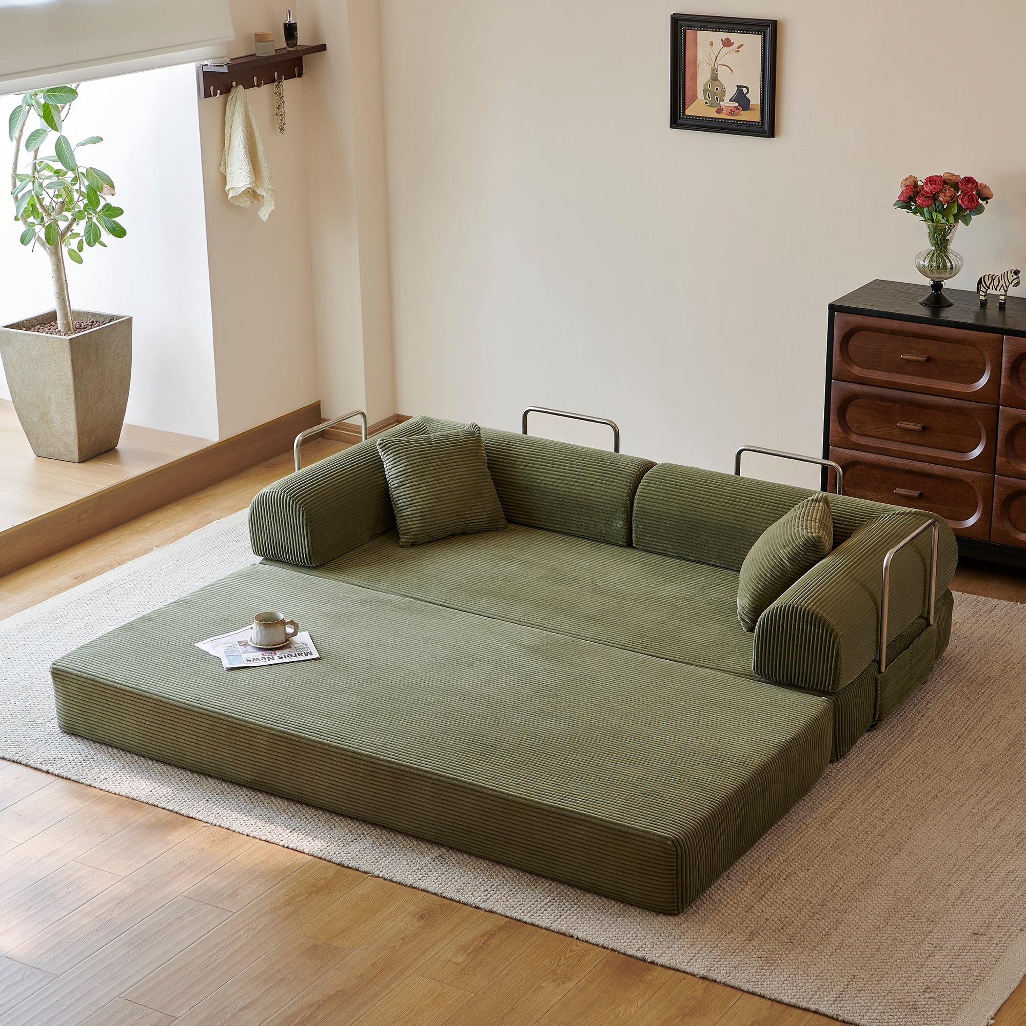 Leumius 78.8" Convertible Sofa Bed with Pillow Back Support Armrest,Comfy Corduroy Fabric Boneless Modular Sectional Sofa,Futon Couch Sleeper Bed for Living Room,Bedroom,Green